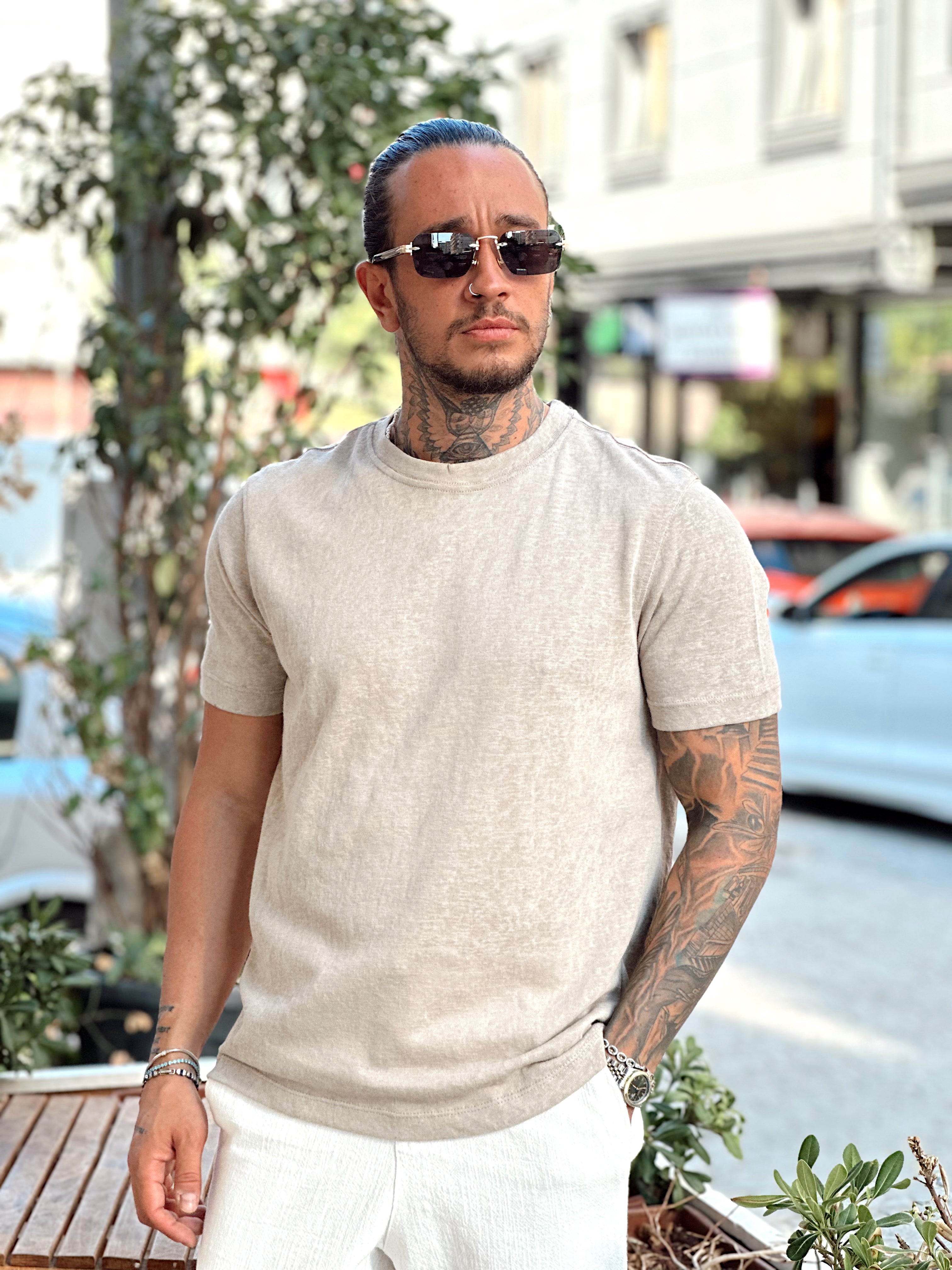 MT3091- Basic Flamlı Kumaş T-Shirt vizon