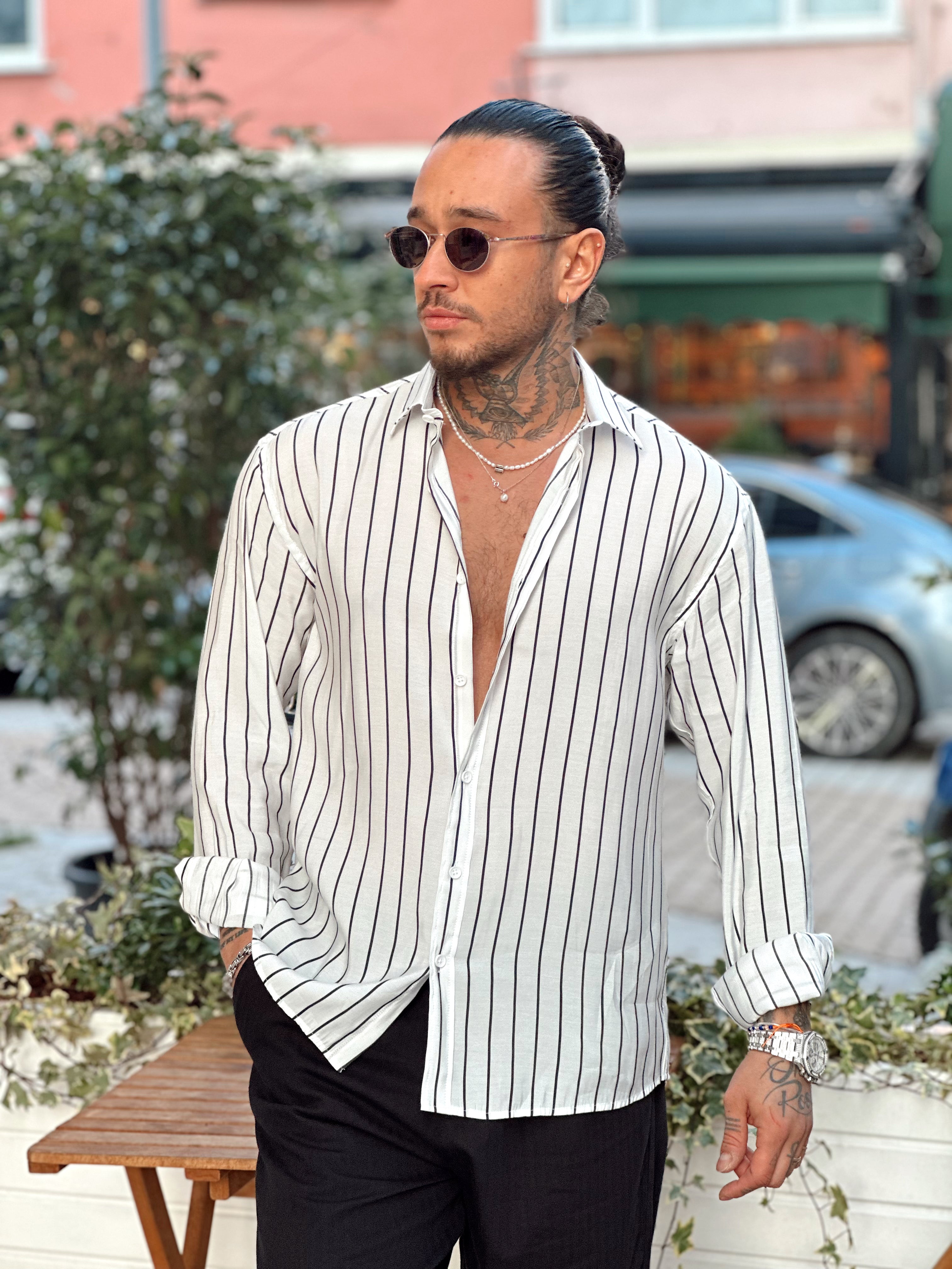 MG2529 - Oversize Çizgili Modal Gömlek beyaz