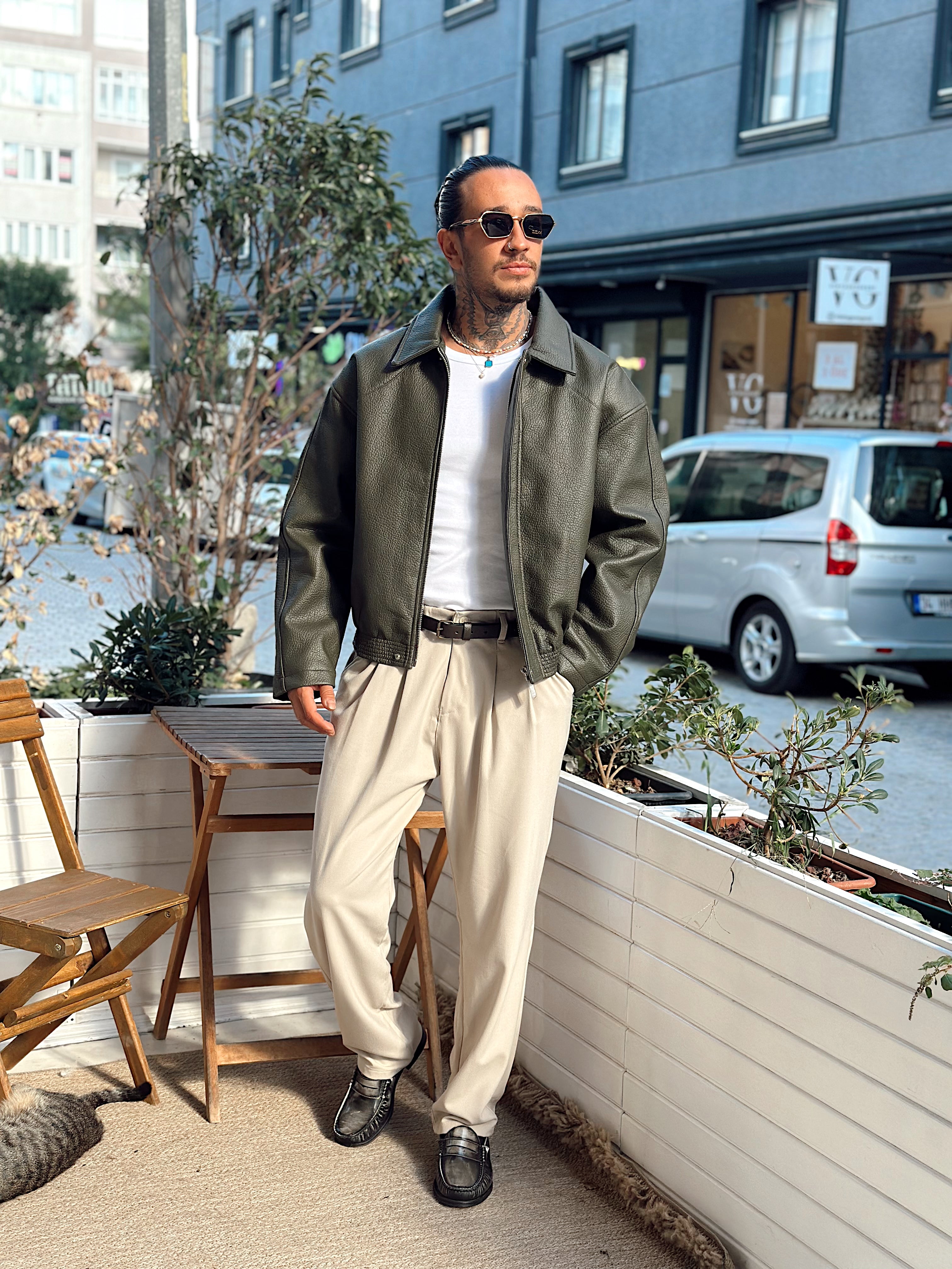 MM4024 - Oversize Yıkamalı Deri Mont yeşil
