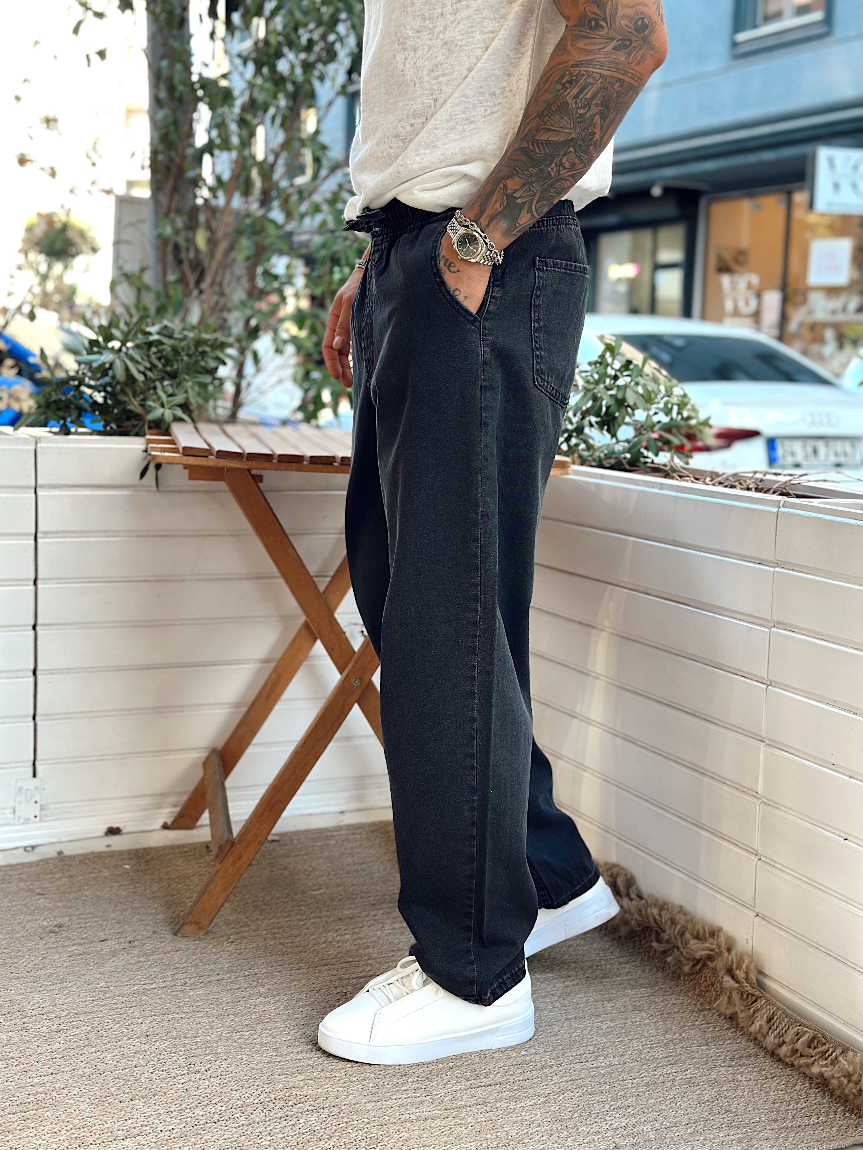 MP3097 - Beli İpli Baggy Kot Pantolon siyah