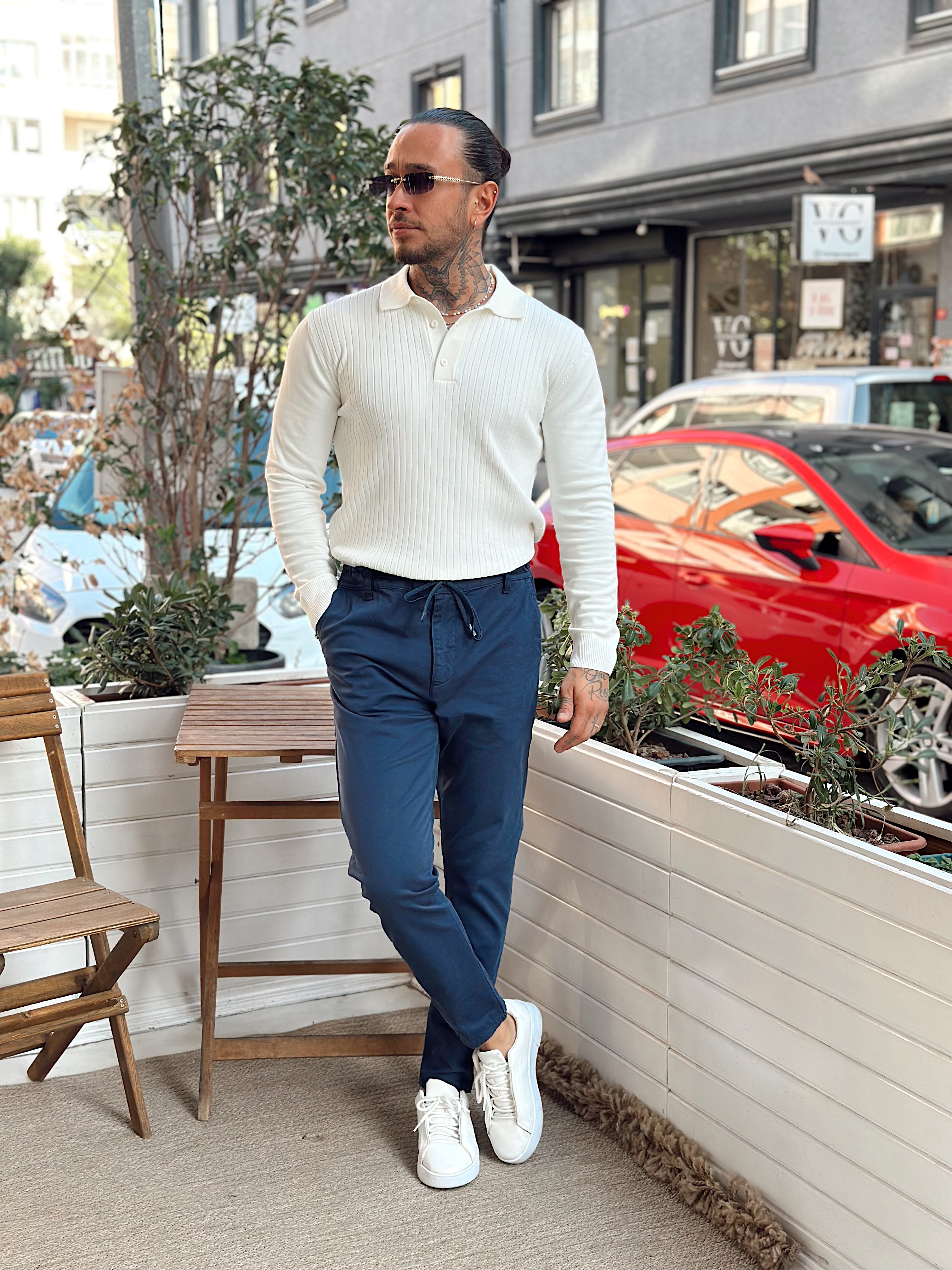 MS4053 - Fitilli Regular Kalıp Basic Polo Yaka Sweatshirt beyaz