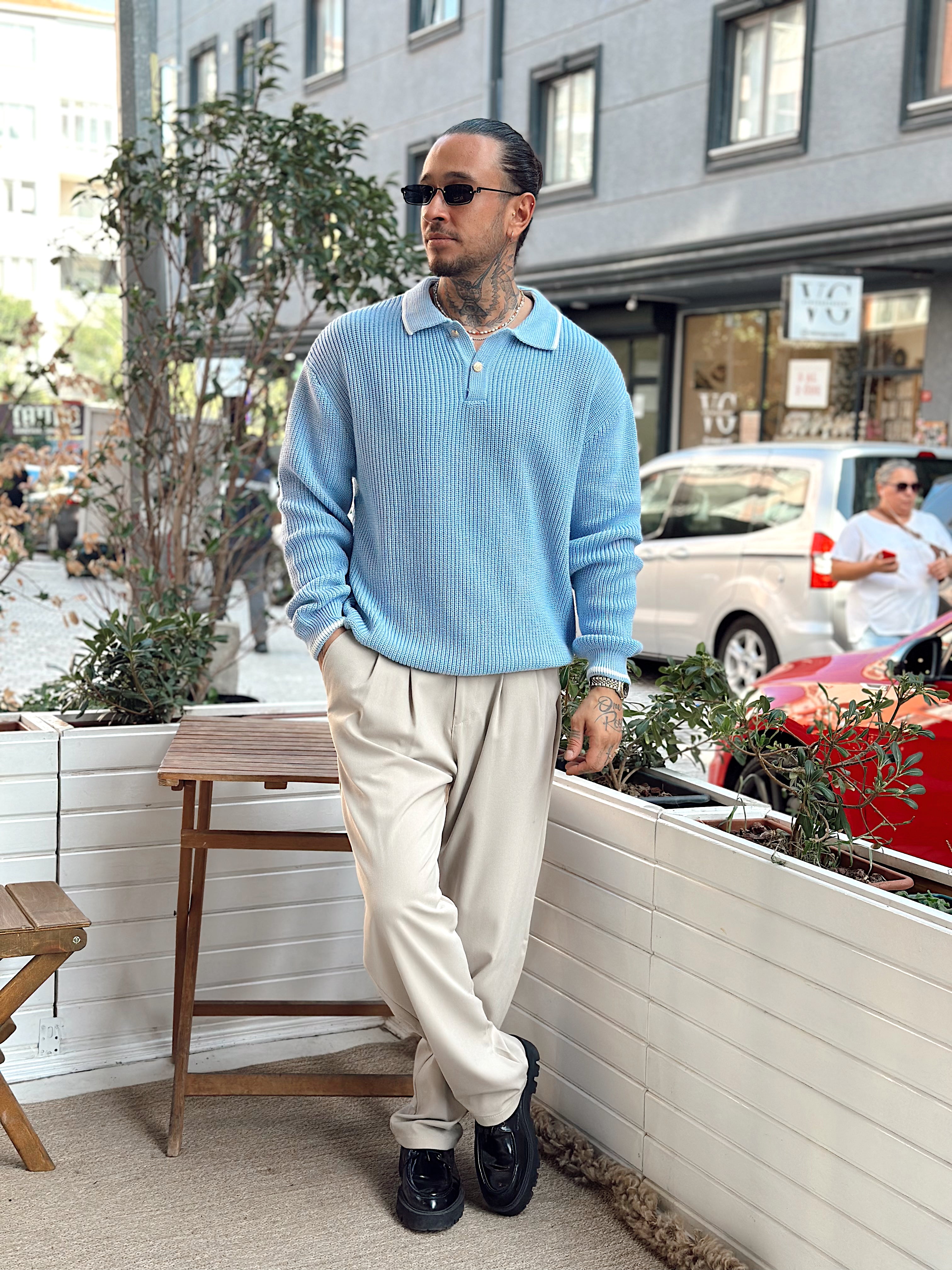 MS4042 - Oversize Madalyon Düğmeli Polo Yaka Sweatshirt mavi
