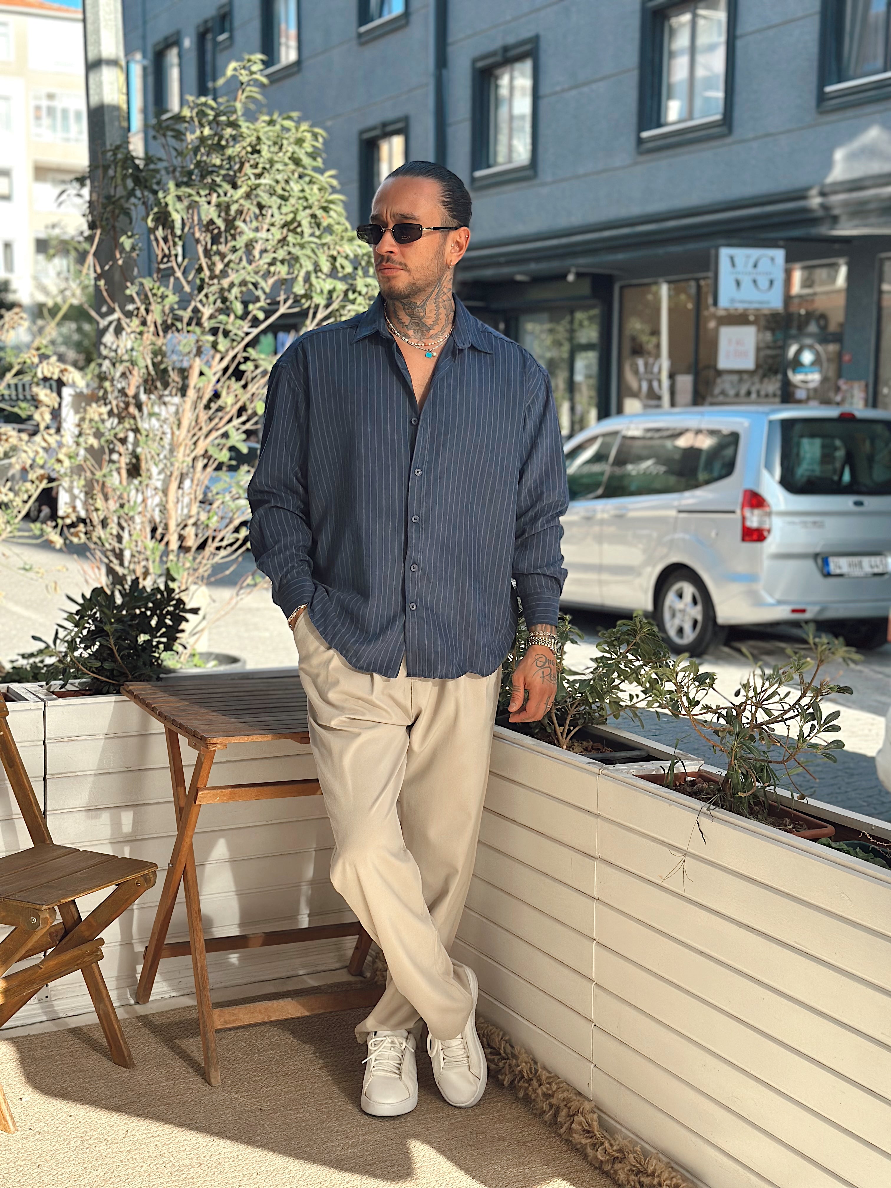 MG4009 - Oversize Çizgili Modal Gömlek Laci