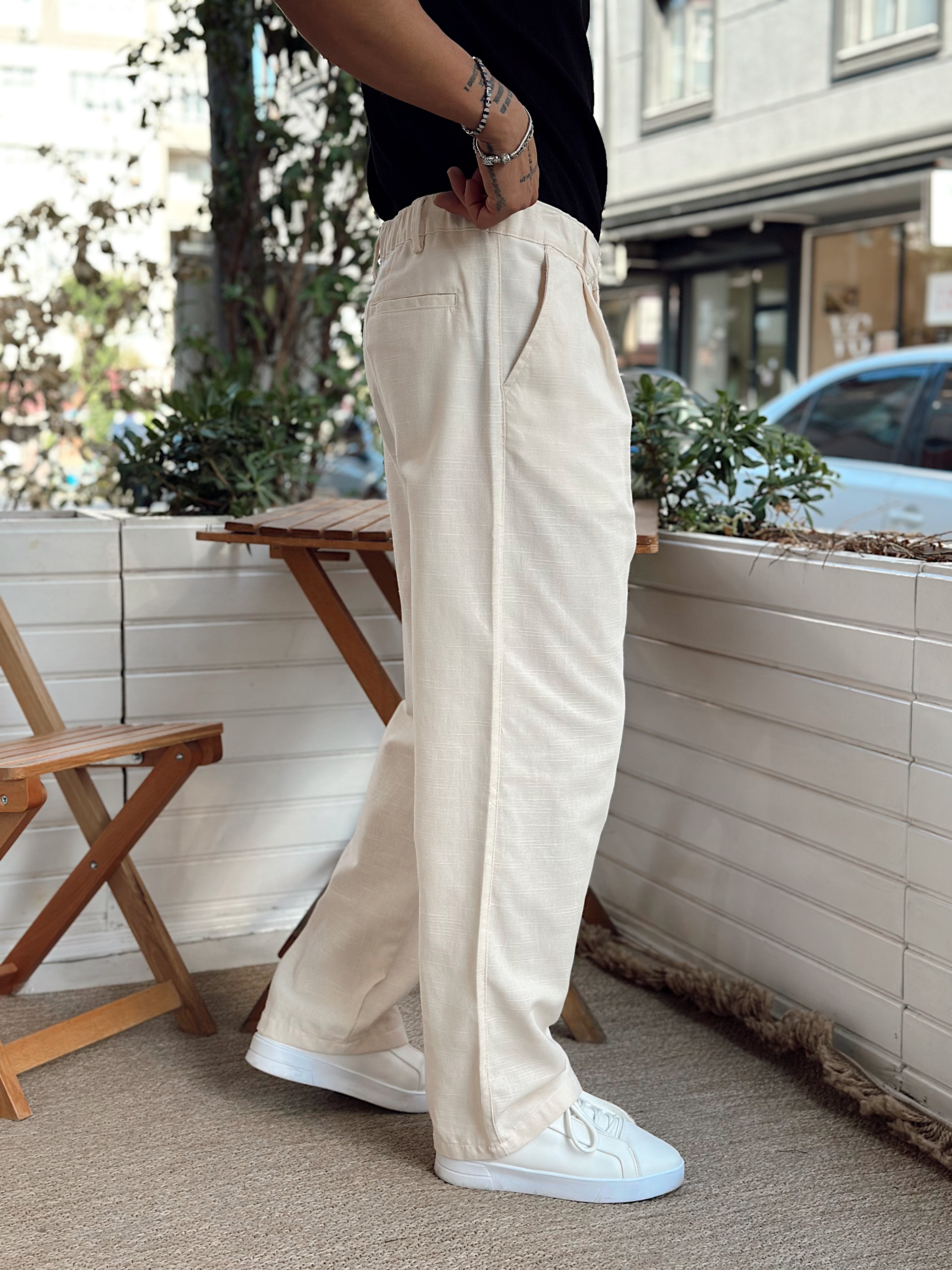 MP3066 - Baggy Pileli keten Pantolon krem