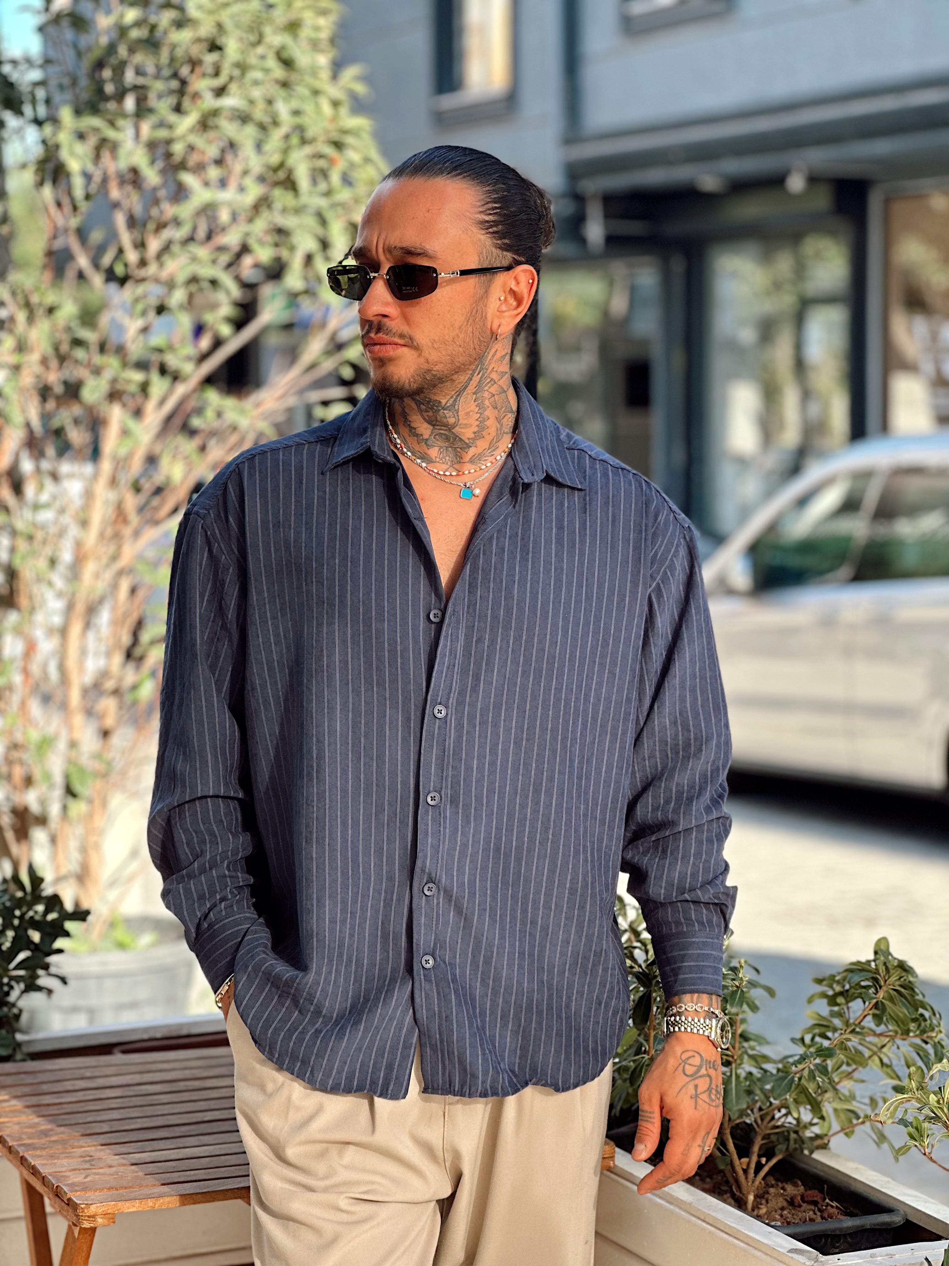 MG4009 - Oversize Çizgili Modal Gömlek Laci