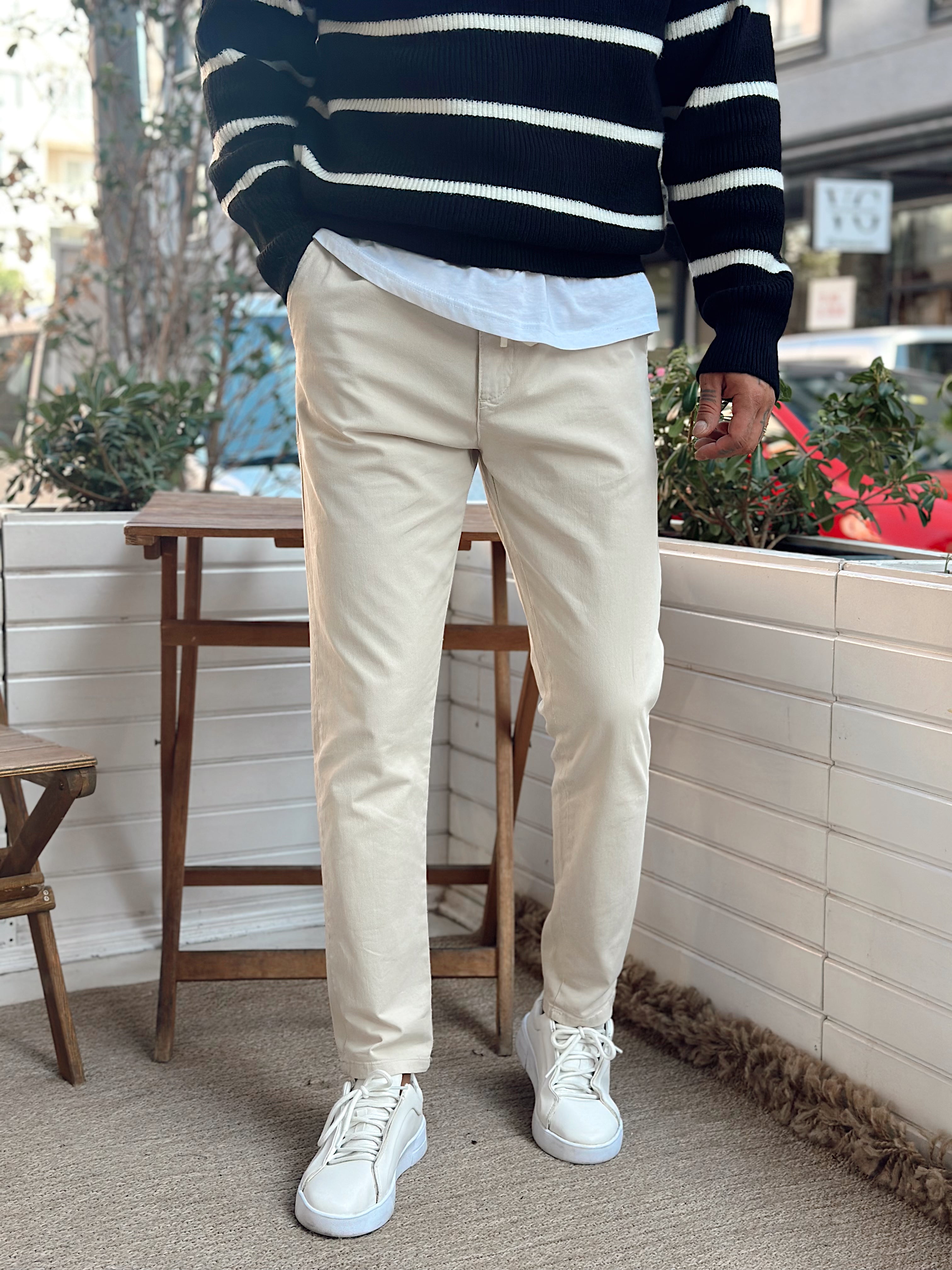 MP4048 - İtalyan Kesim Beli İpli Gabardin Pantolon krem