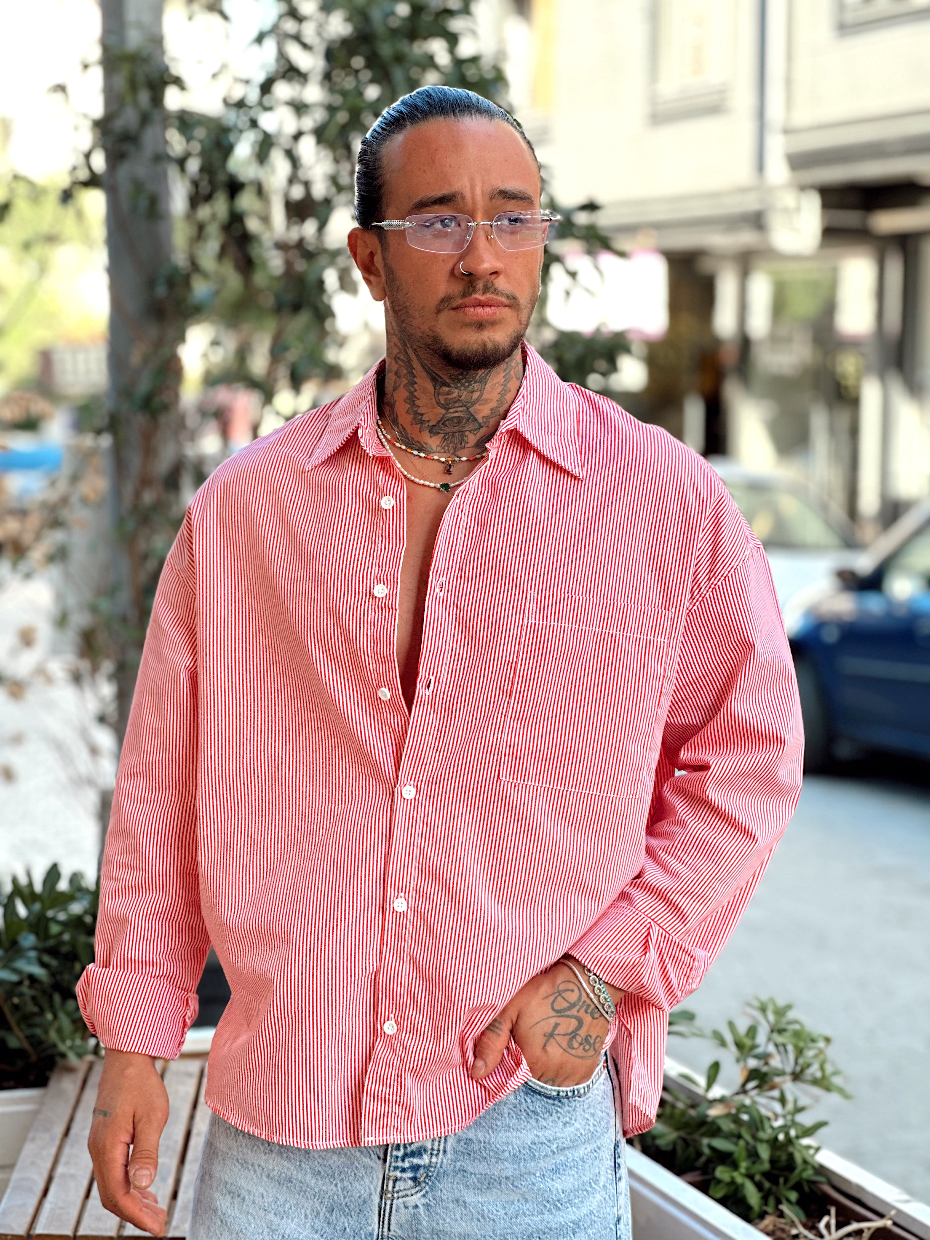 MG3227 - Tek Cepli Çizgili Oversize Gömlek
