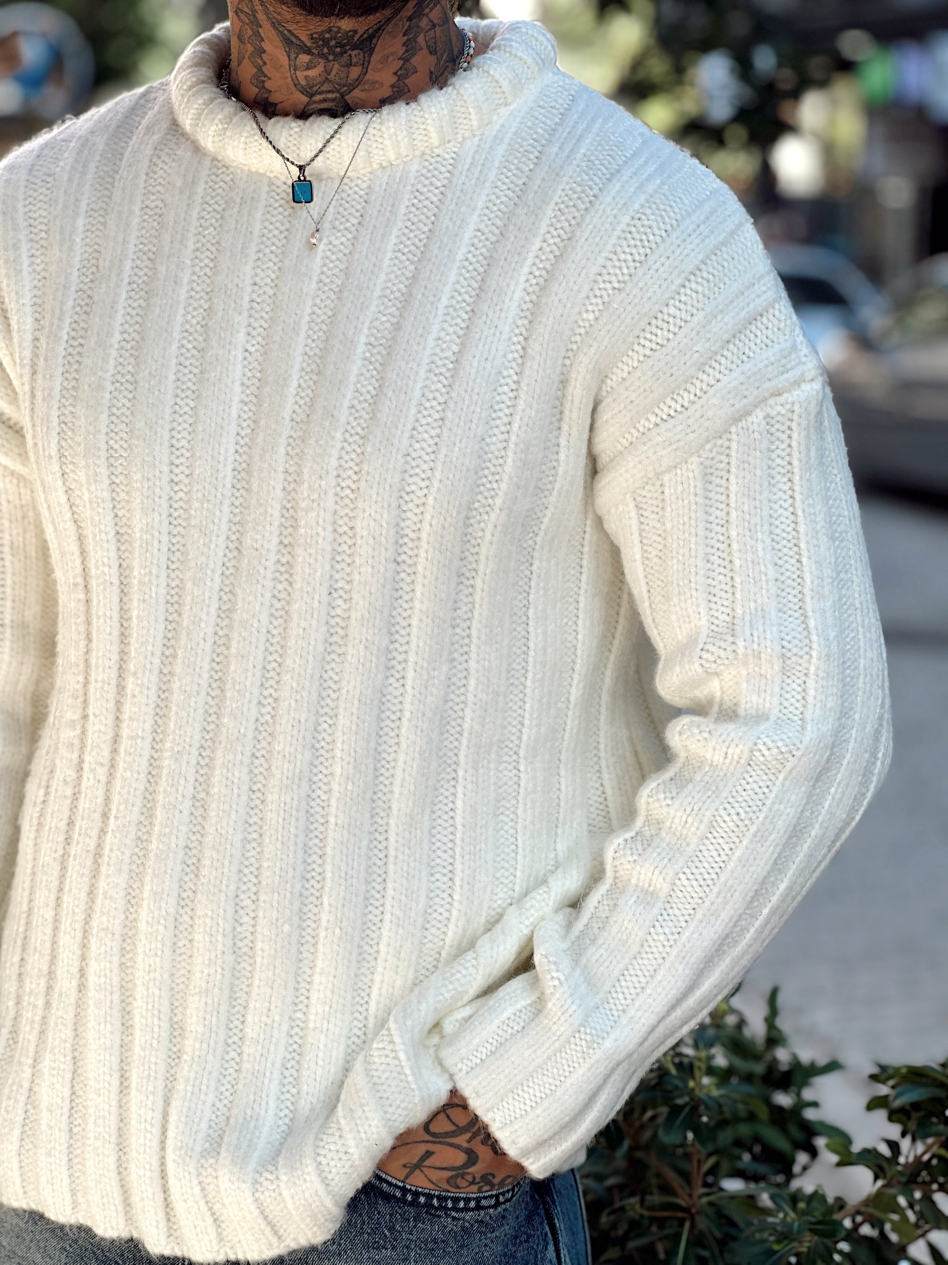 MS4008 - Kendinden Şeritli Yarım Balıkçı Sweatshirt Ekru