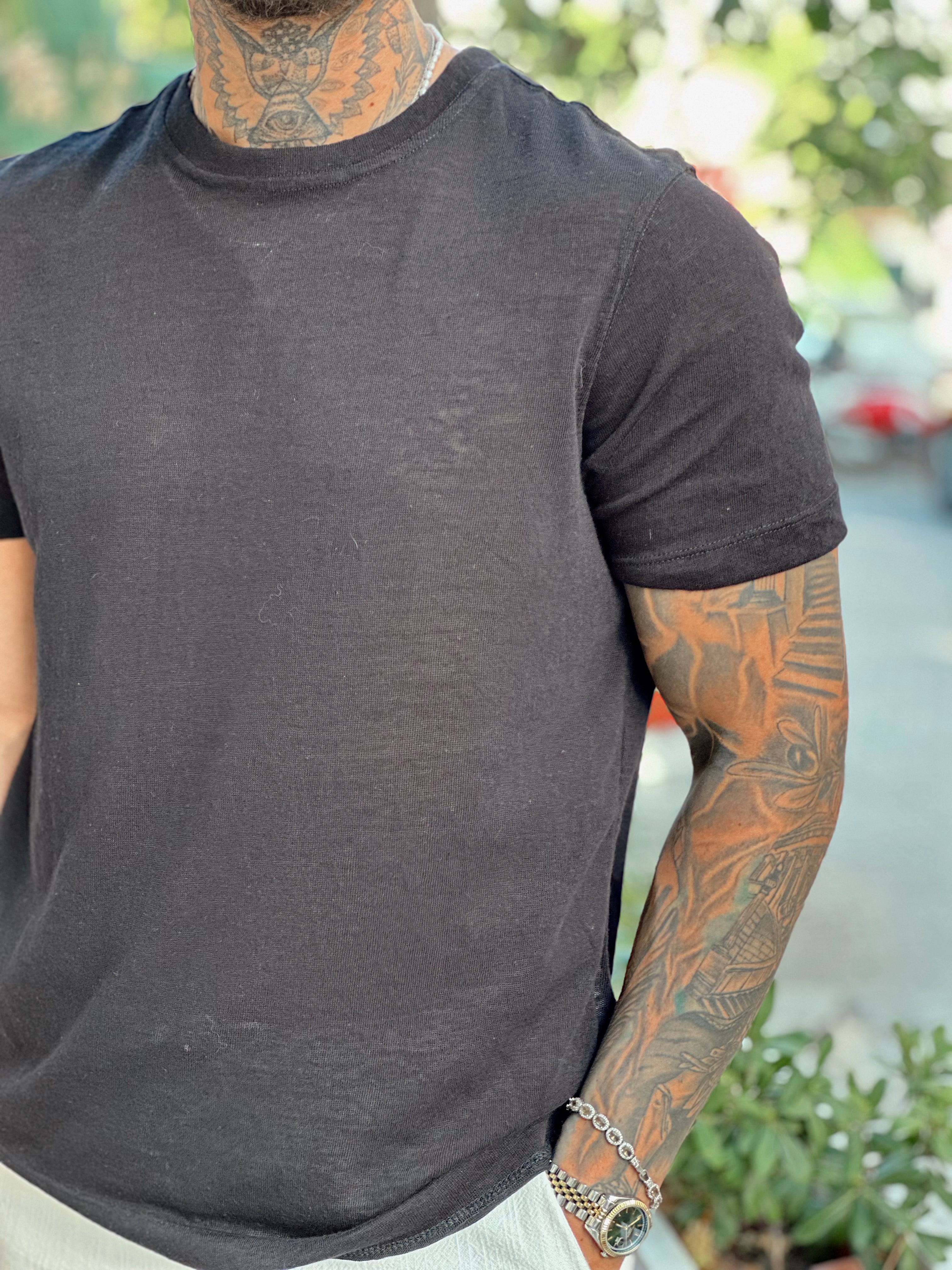 MT3088- Basic Flamlı Kumaş T-Shirt siyah