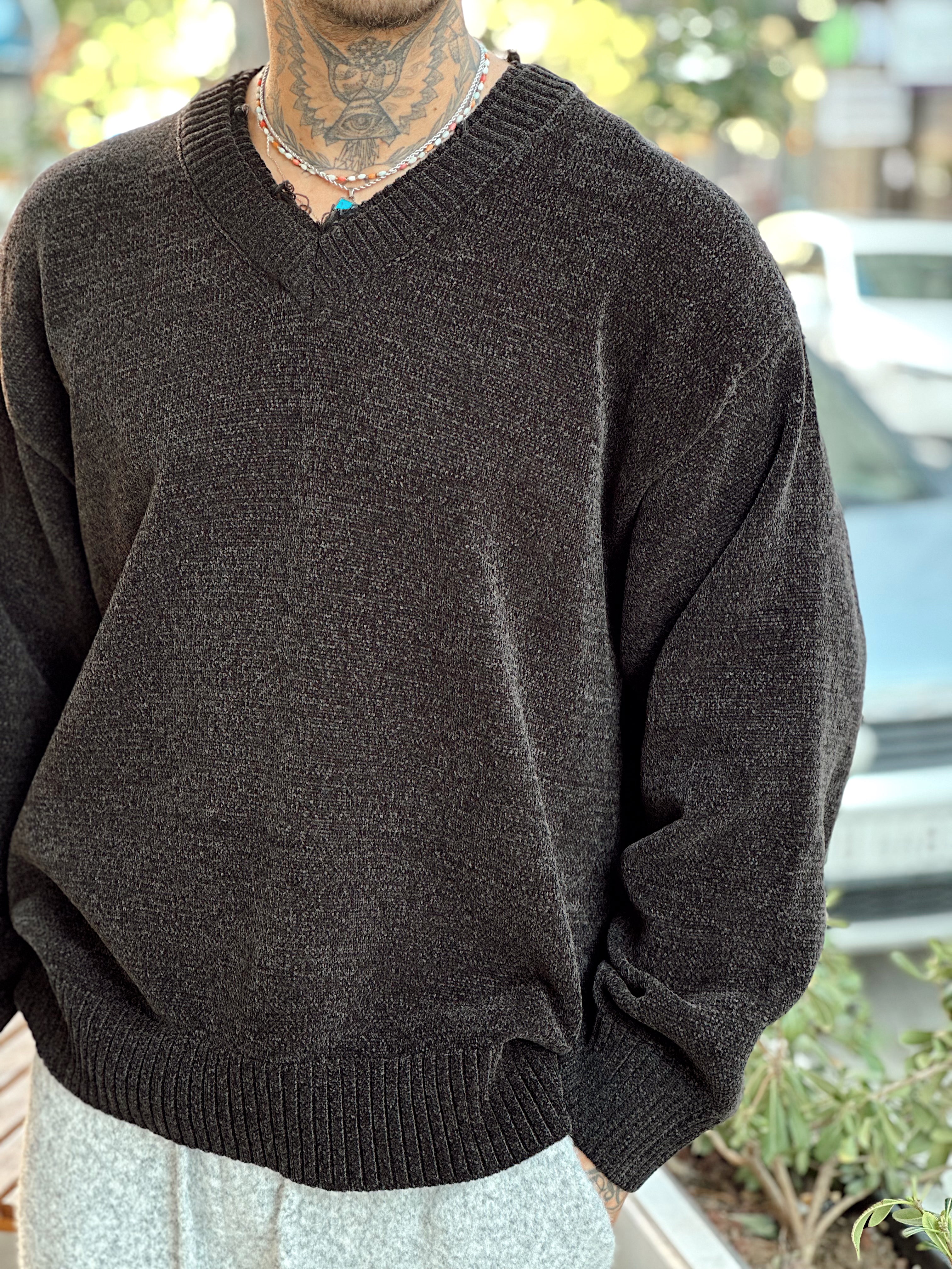 MS4049 - Çift V Yaka Örme Sweatshirt siyah