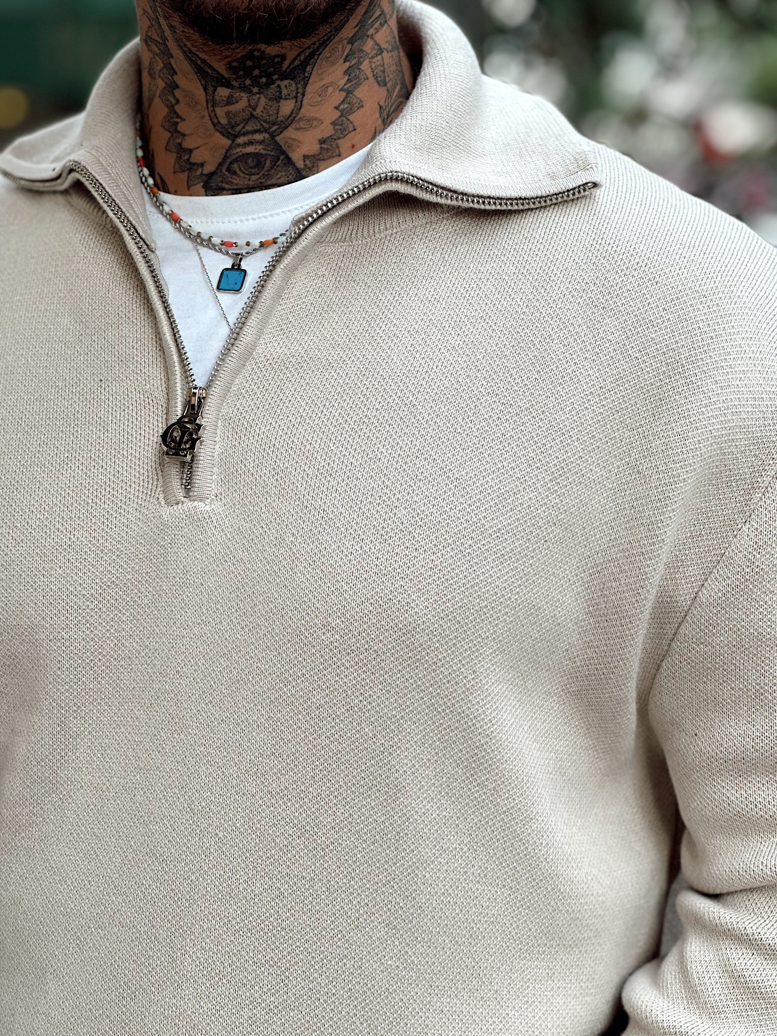 MS4059 - Yakası Fermuarlı Oversize Basic Triko Sweatshirt taş
