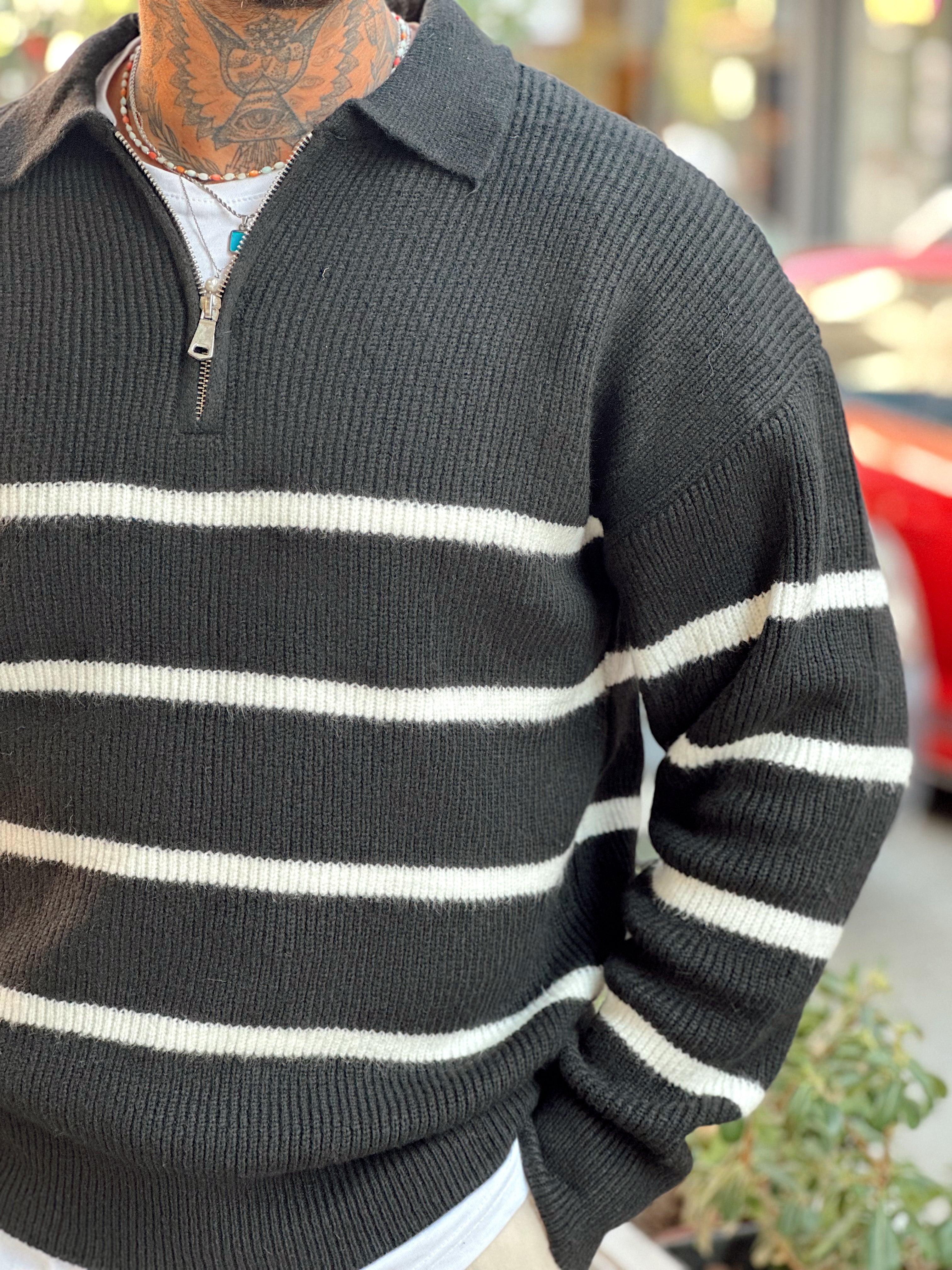 MS4052 - Çizgili Yakası Fermuarlı Polo Yaka Triko Siyah-Beyaz