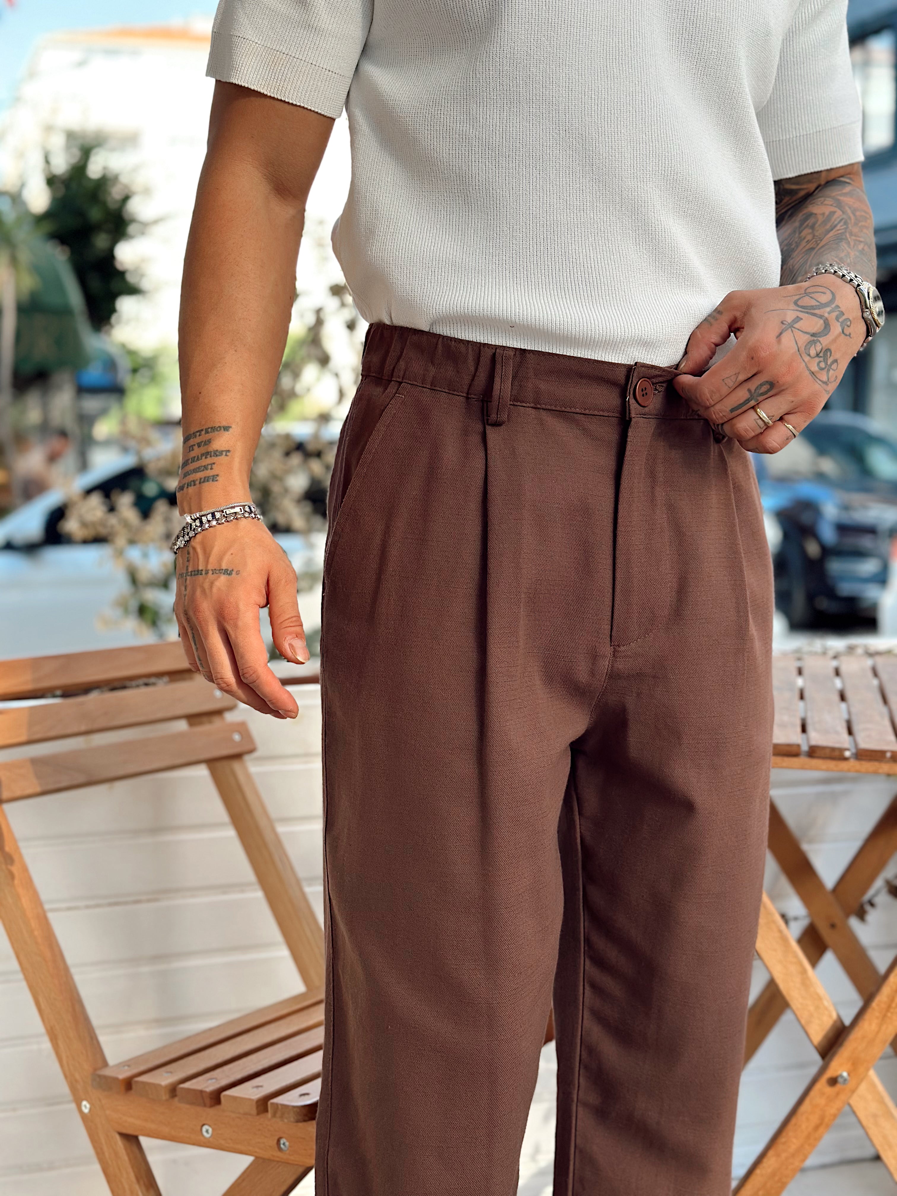 MP3067 - Baggy Pileli keten Pantolon kahve