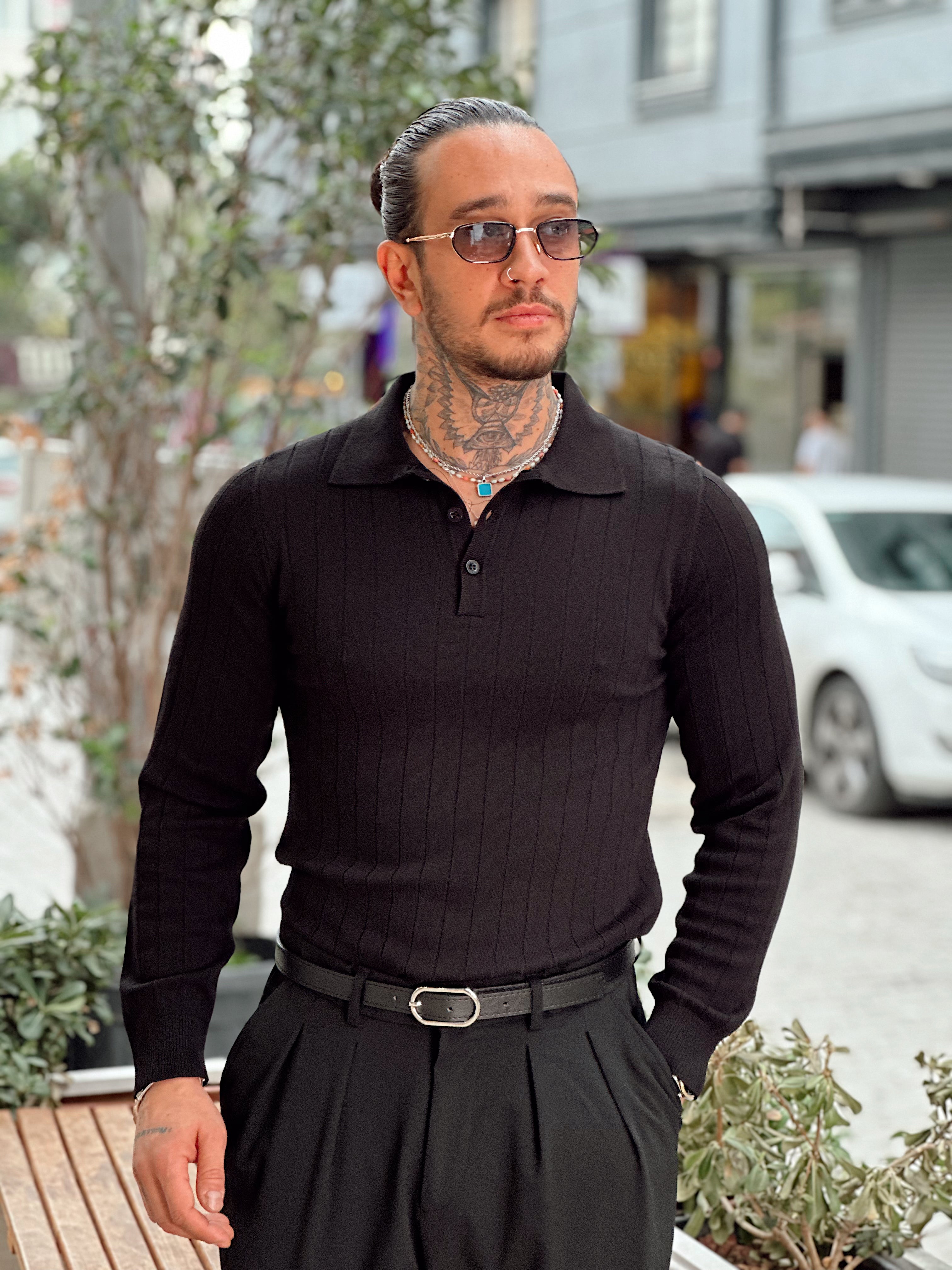 MS4087 - Yakası Düğmeli Fitilli Basic Sweatshirt siyah