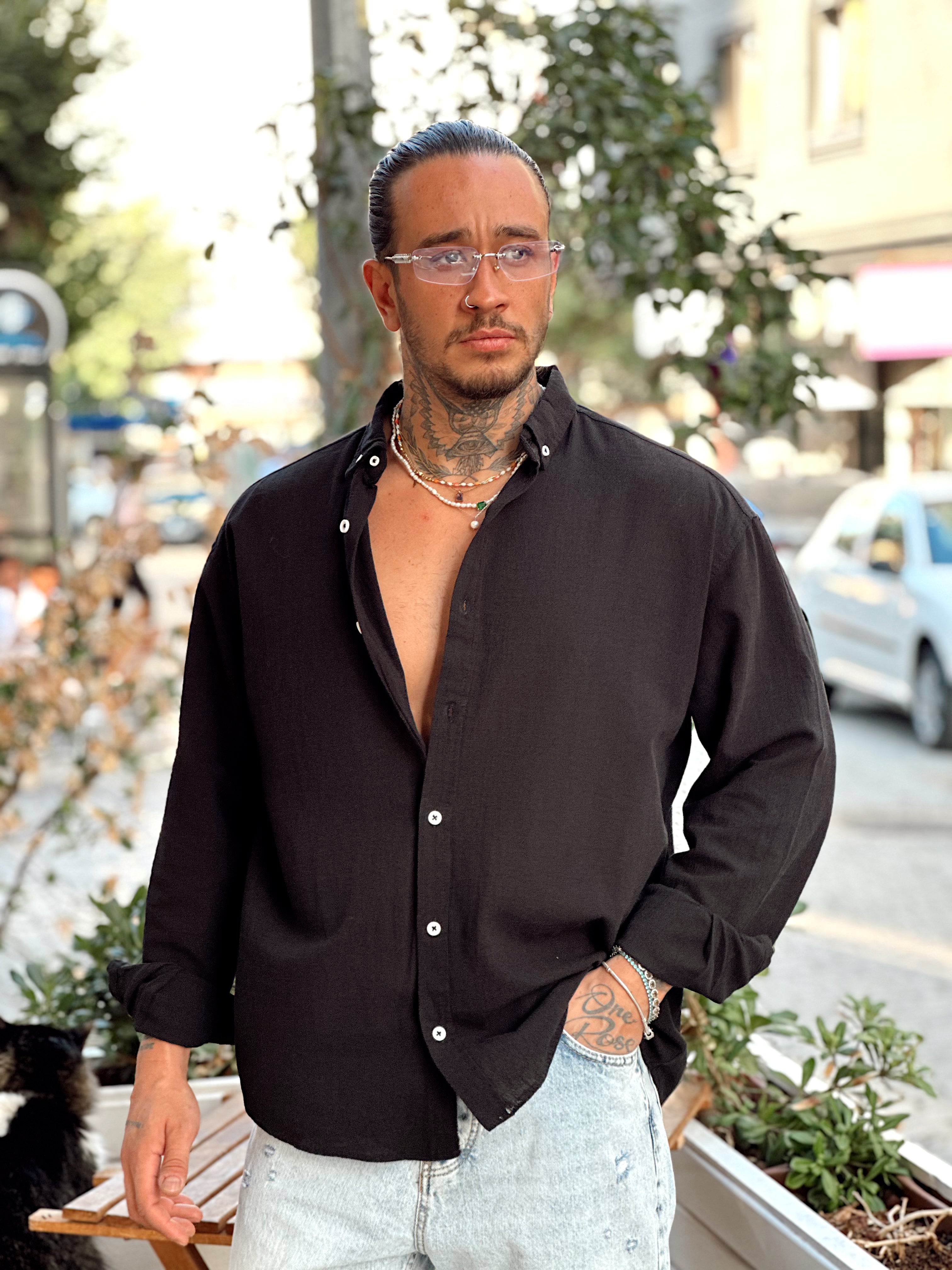 MG3233 - Oversize Krinkıl Keten Gömlek siyah
