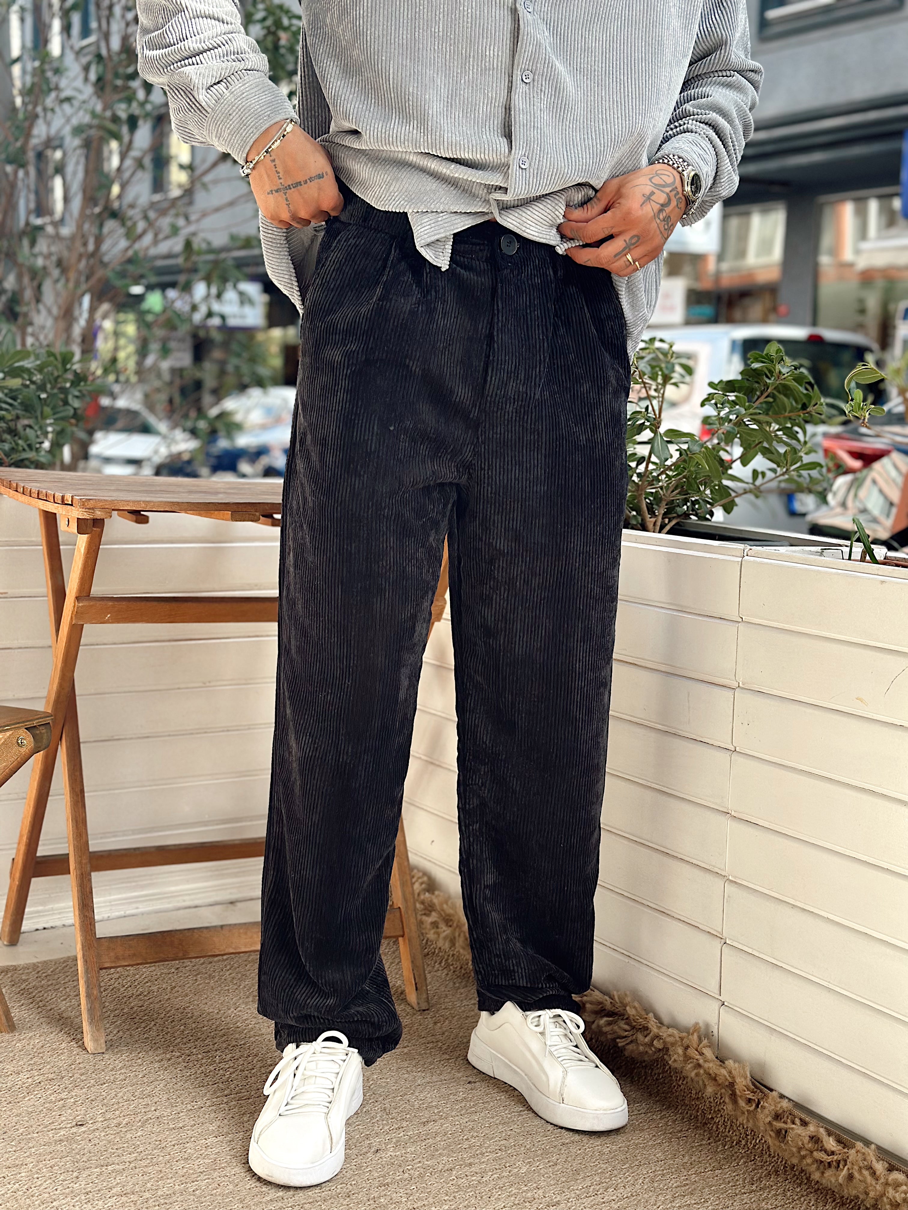 MP4032 - Pileli Baggy Kadife Pantolon Siyah