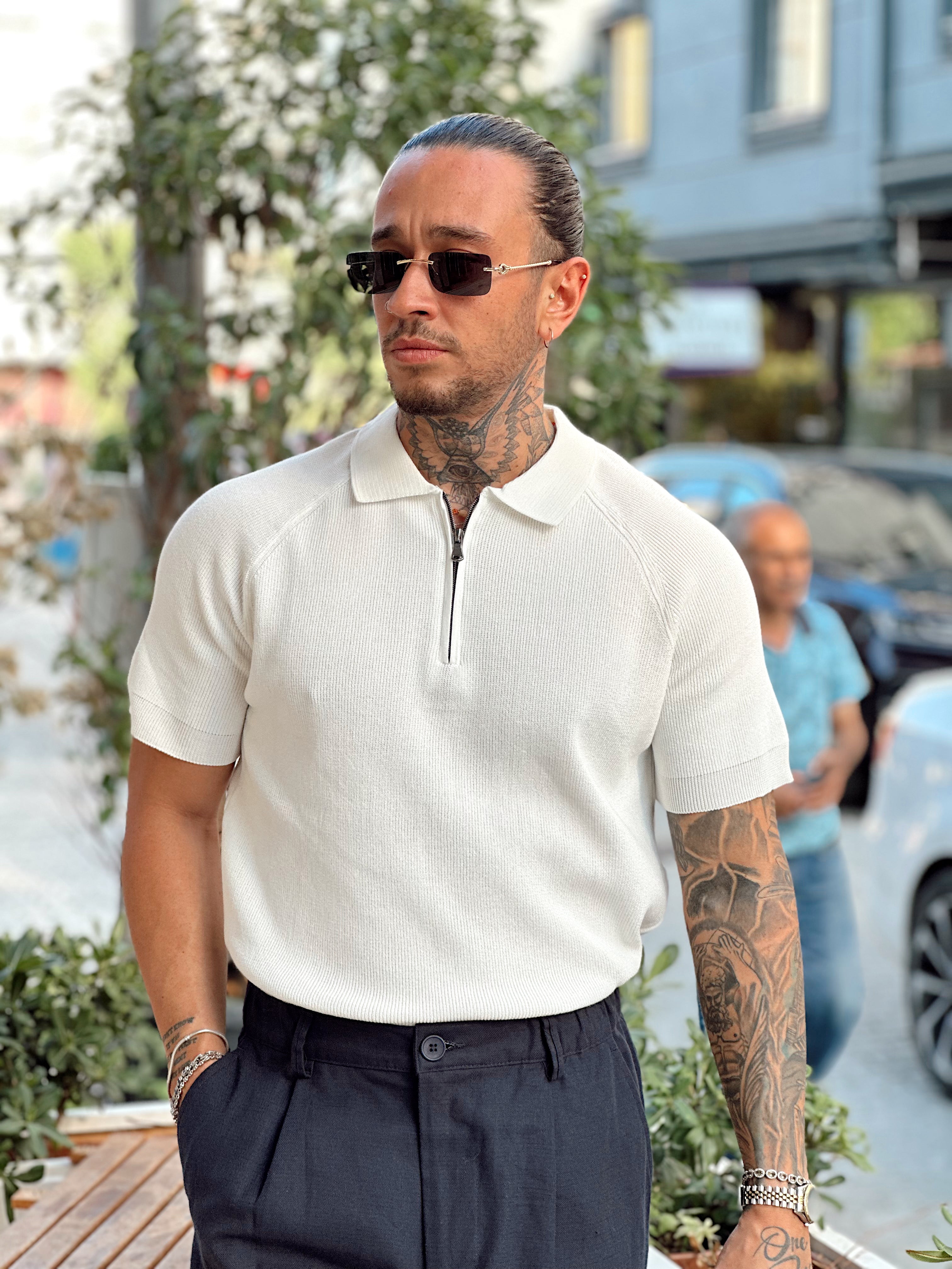 MT3032 - Yakası Fermuarlı Basic Triko Polo Yaka beyaz