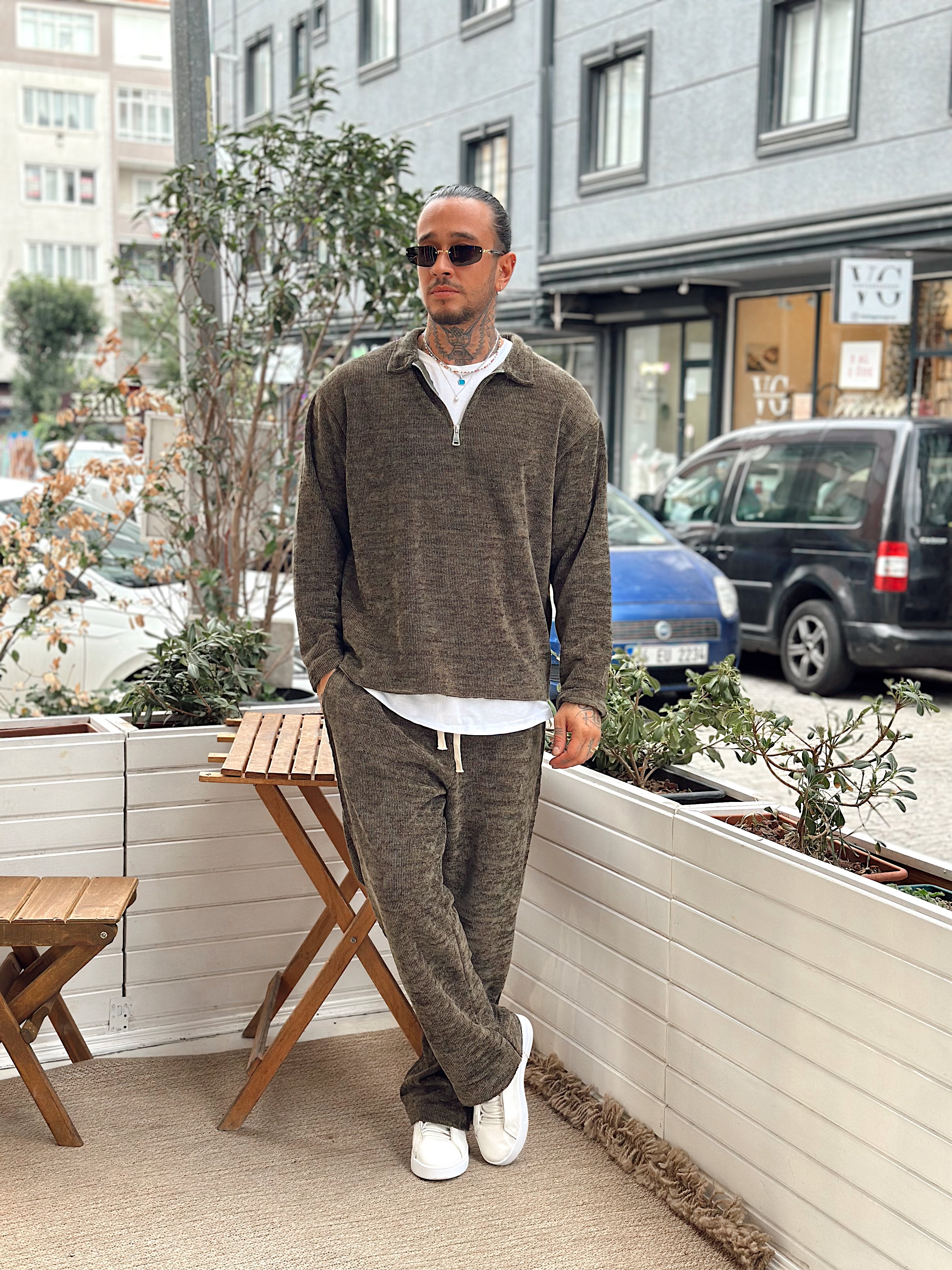 MT4070 - Kumaş Detaylı Sweatshirt Pantolon Takım yeşil