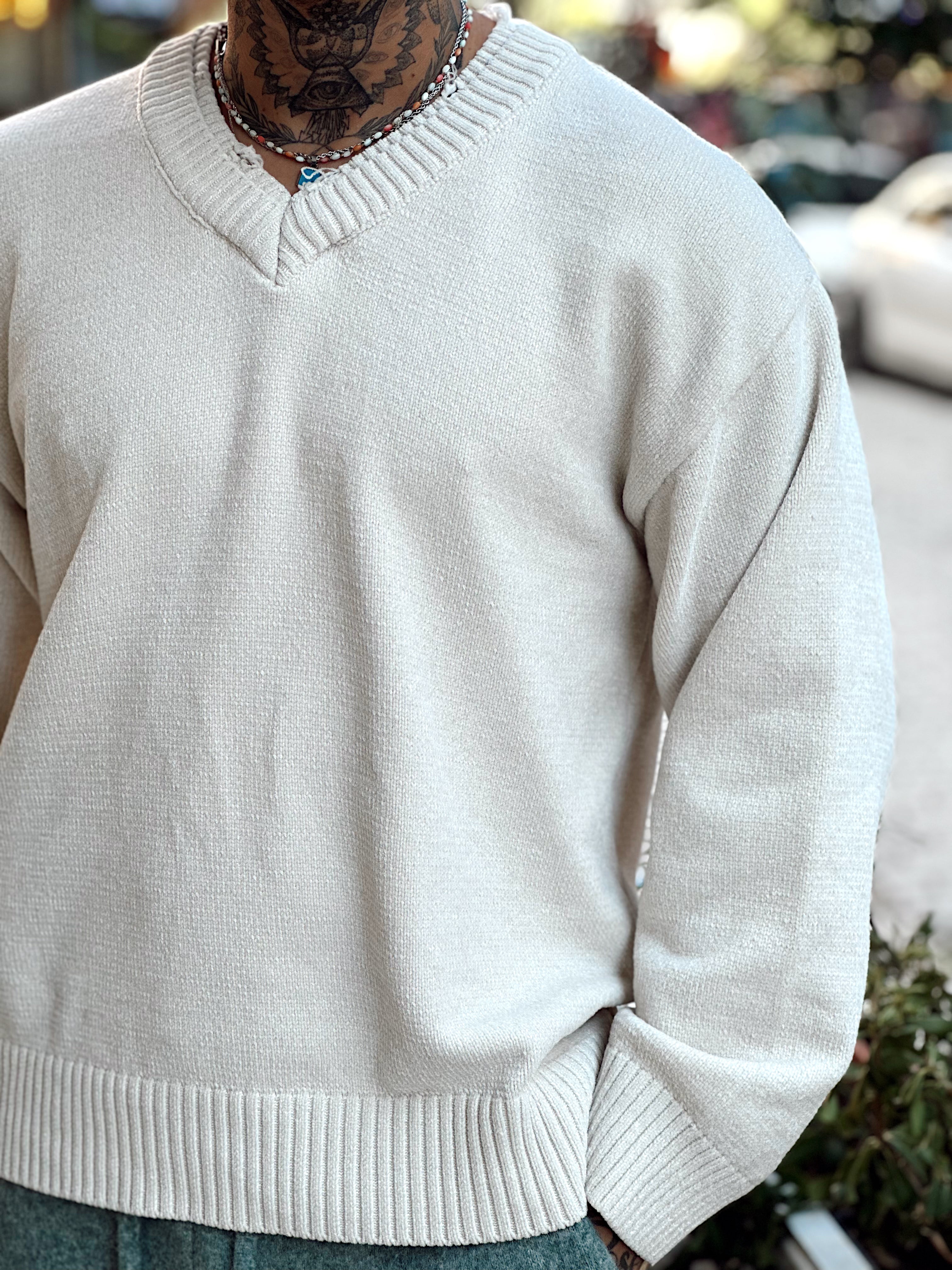 MS4049 - Çift V Yaka Örme Sweatshirt beyaz