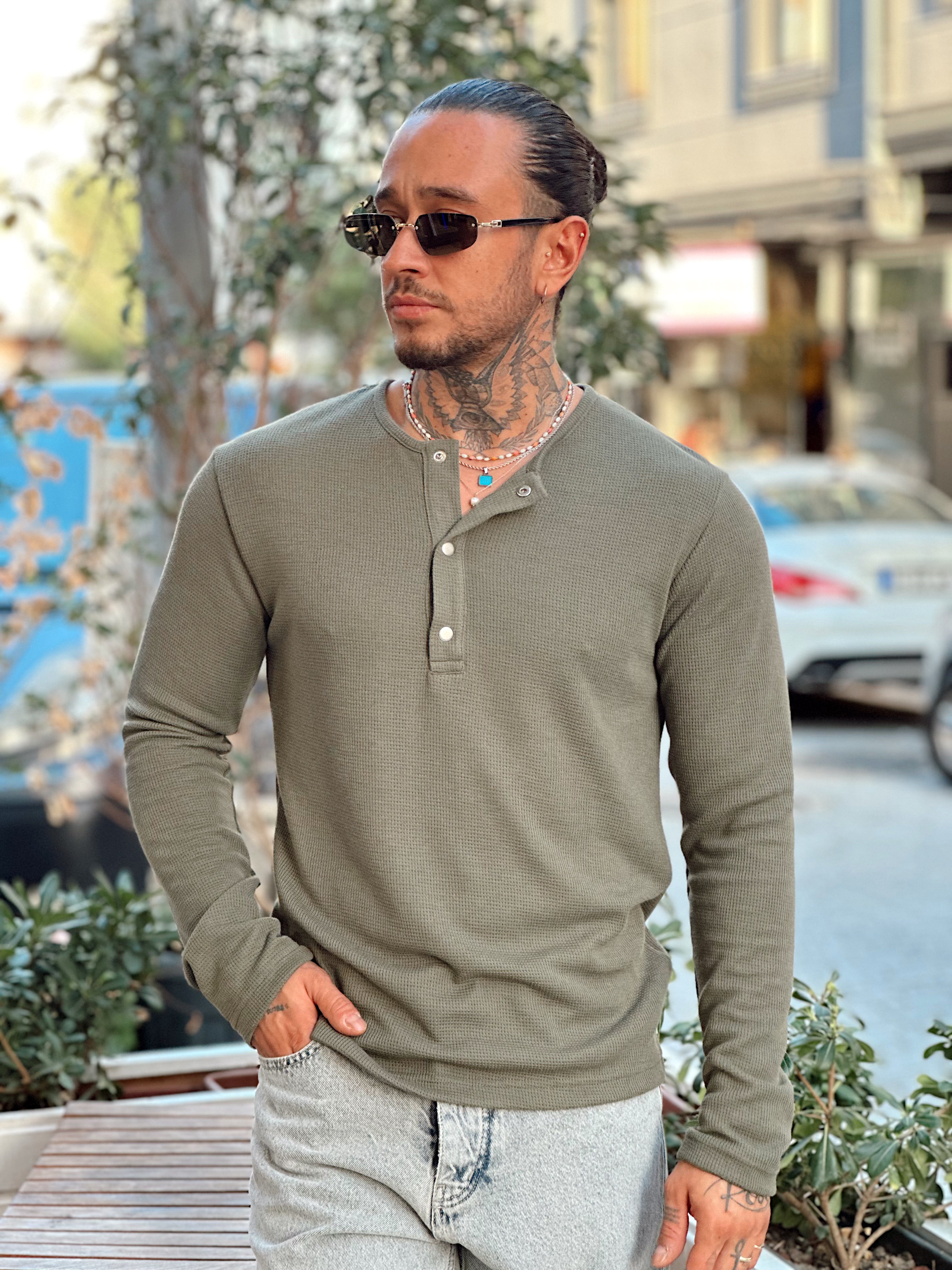 MS4043 - Basic Yaka ÇıtÇıtlı Waffle Kumaş Sweatshirt Yeşil