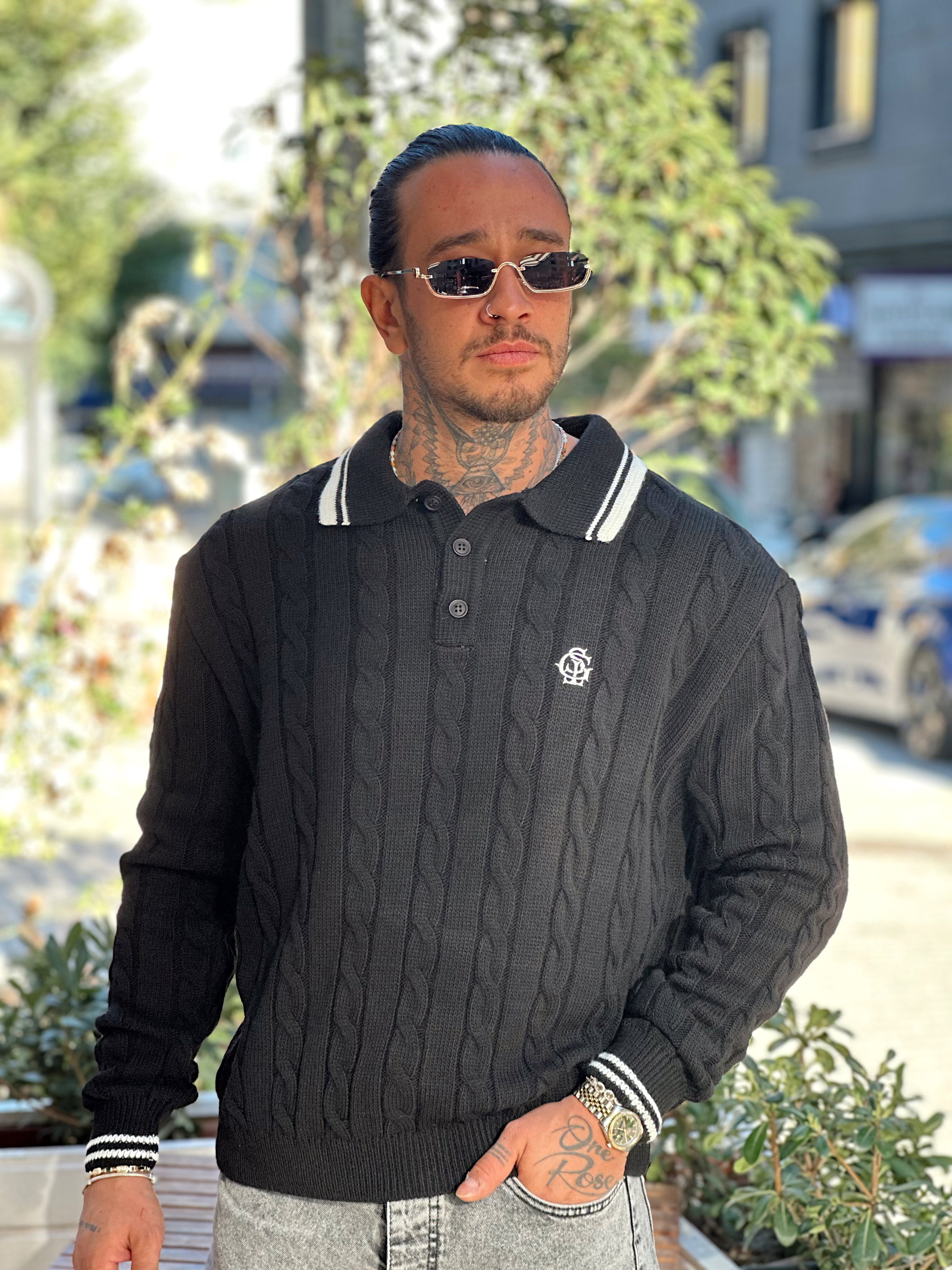 MS4028 - Saç Örgü Şerit Detaylı Örme Polo Yaka Sweatshirt siyah