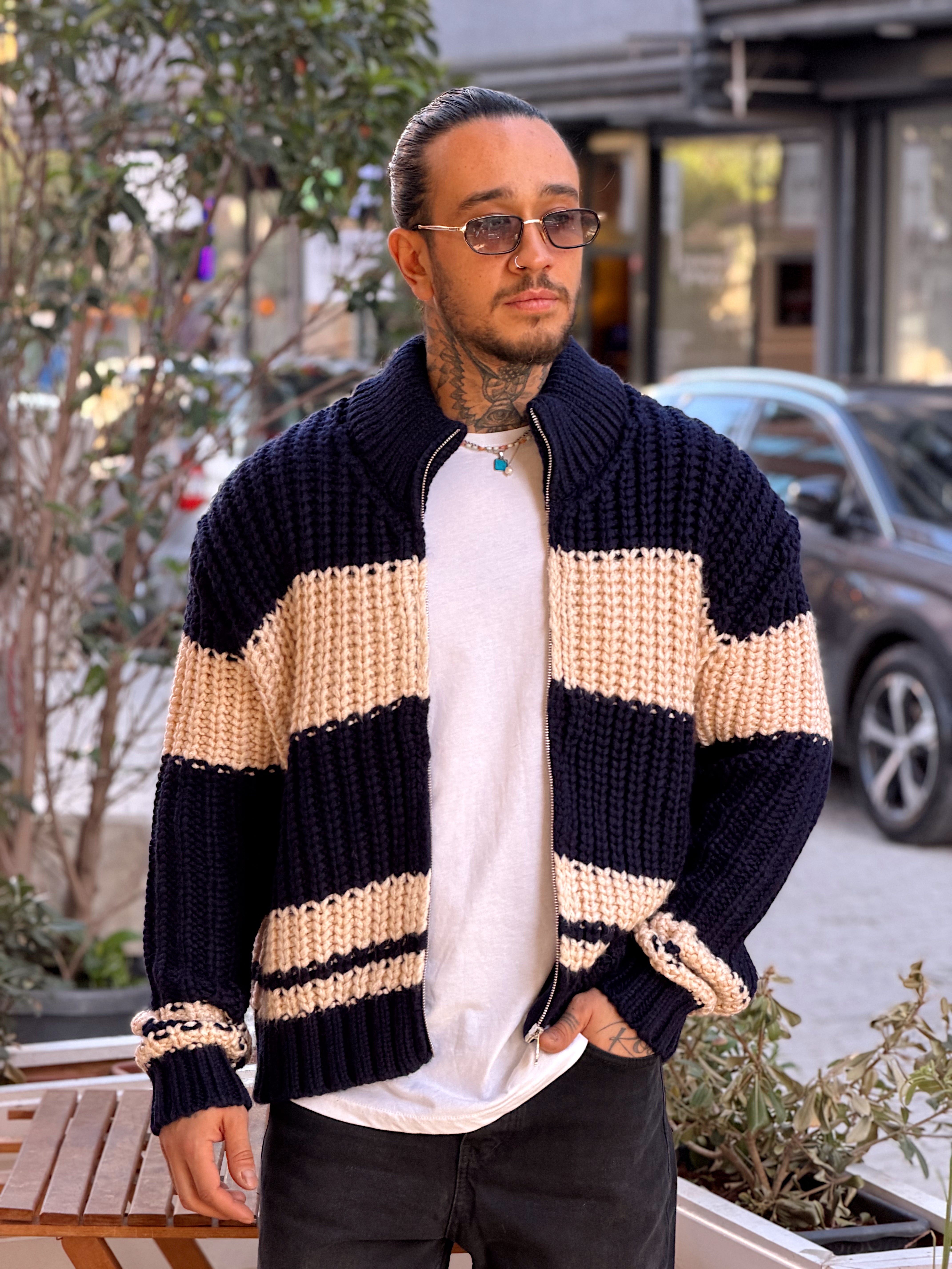 MS4092 - Çift Renk Çelik Örme Fermuarlı Hırka Laci