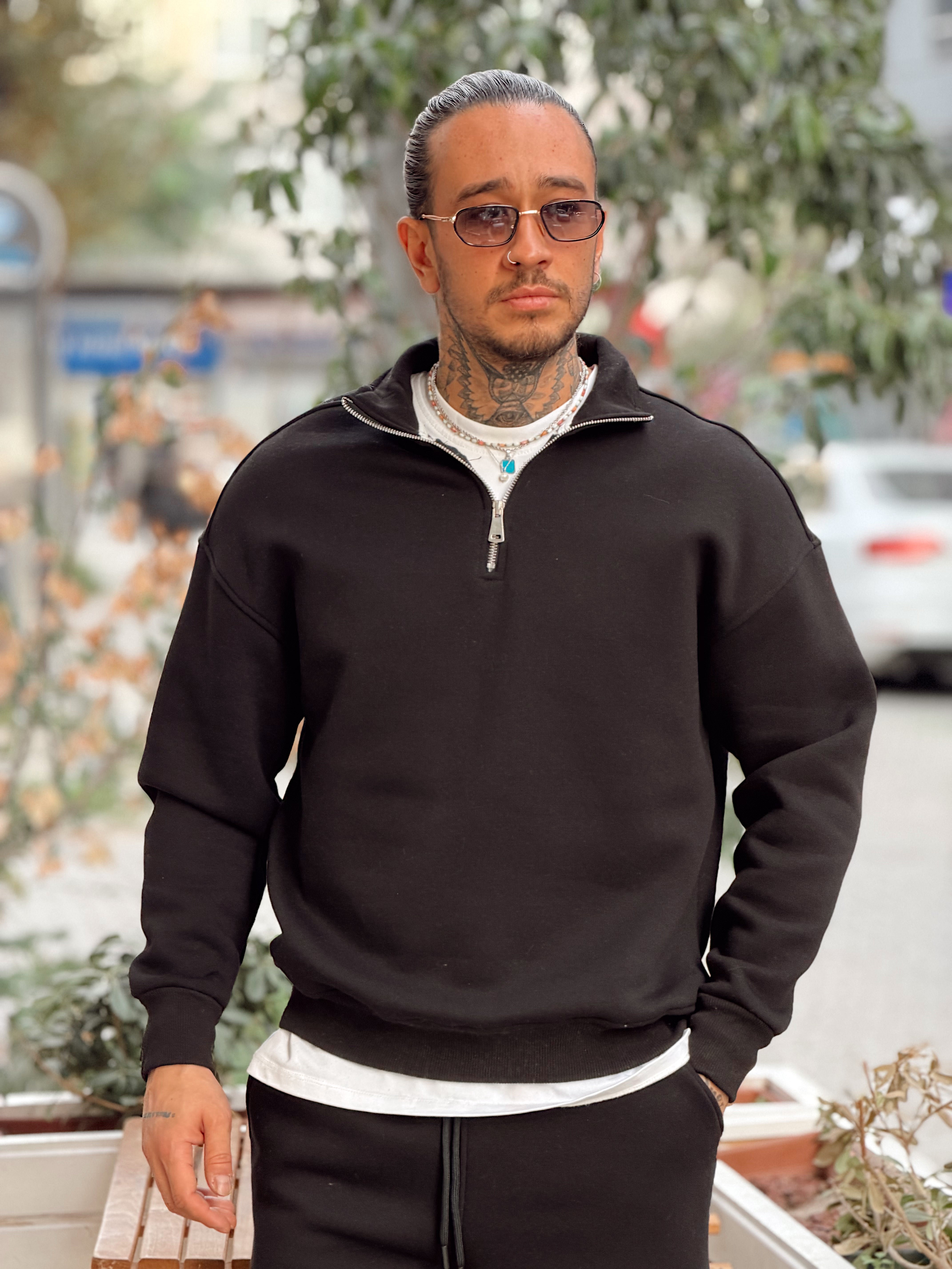 MT4120 - Şardonlu Yakası Fermuarlı Alt Üst Takım siyah