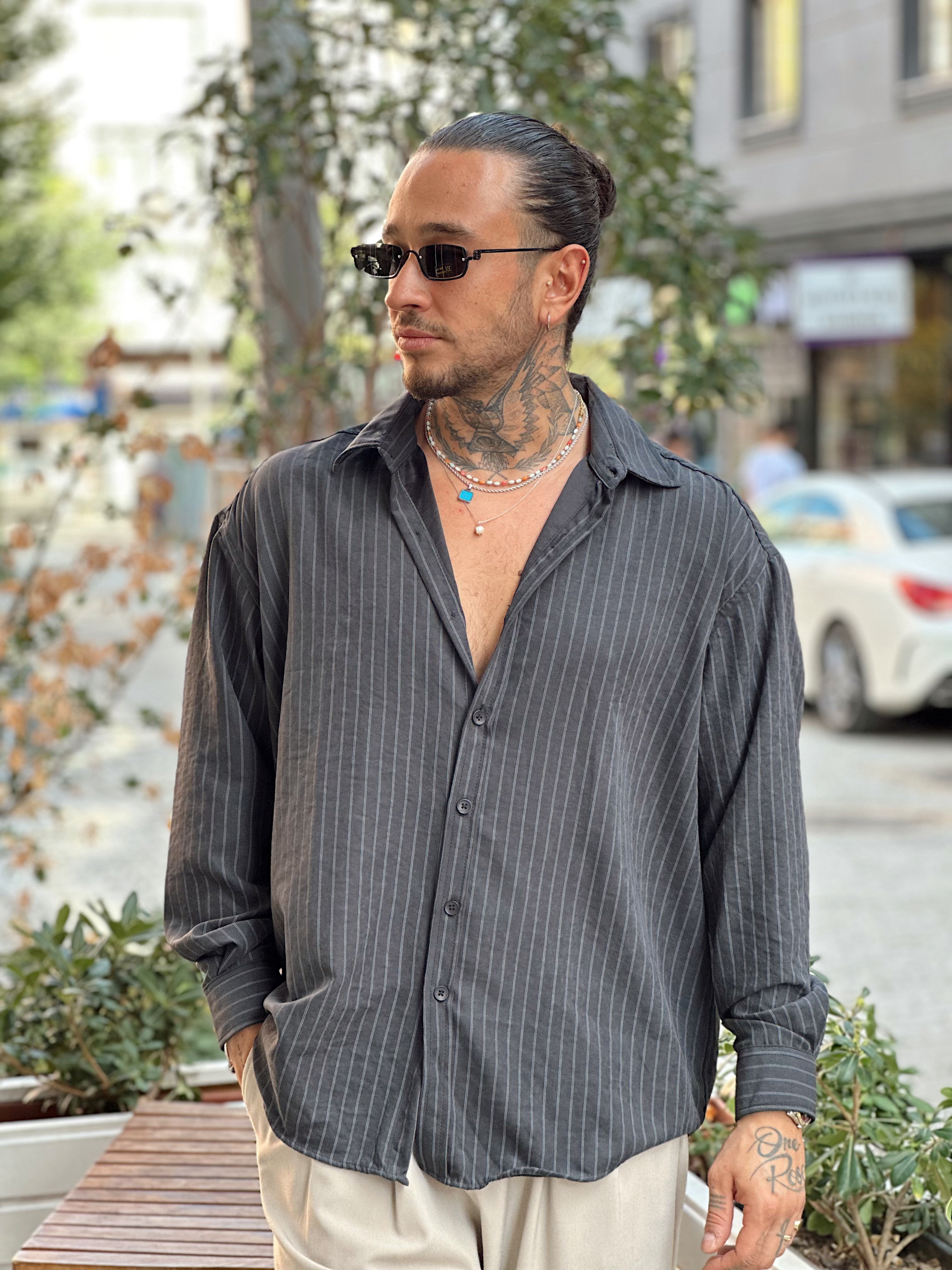 MG4009 - Oversize Çizgili Modal Gömlek Siyah