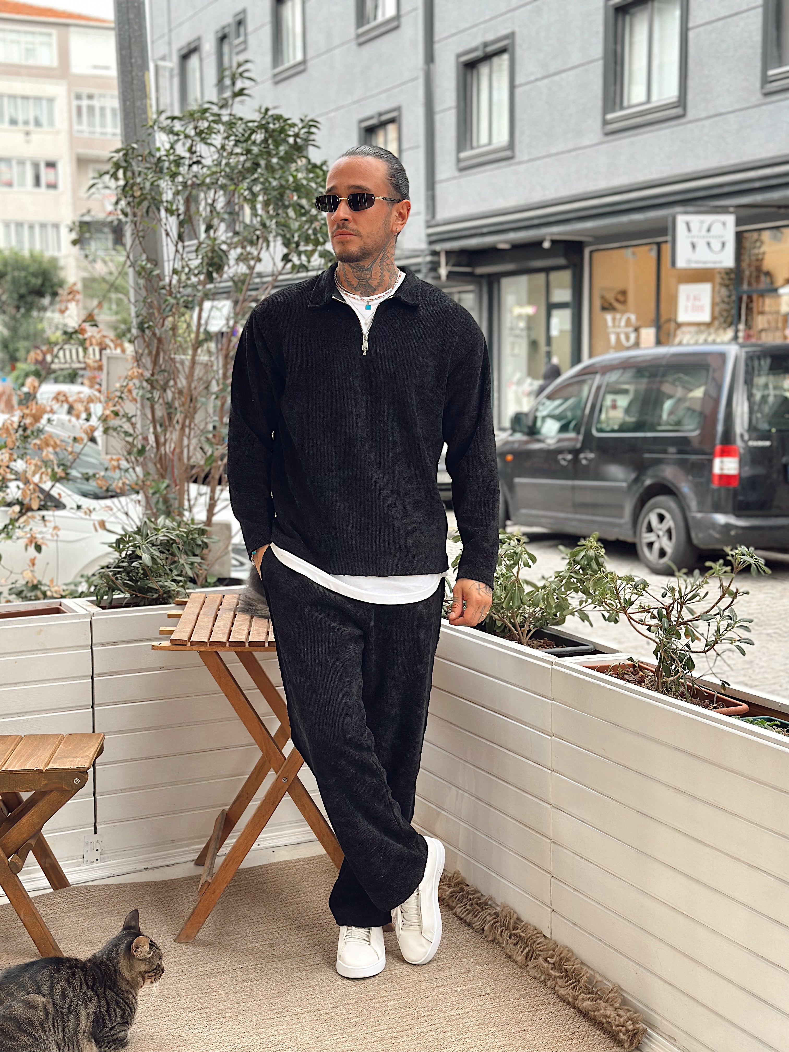 MT4070 - Kumaş Detaylı Sweatshirt Pantolon Takım siyah