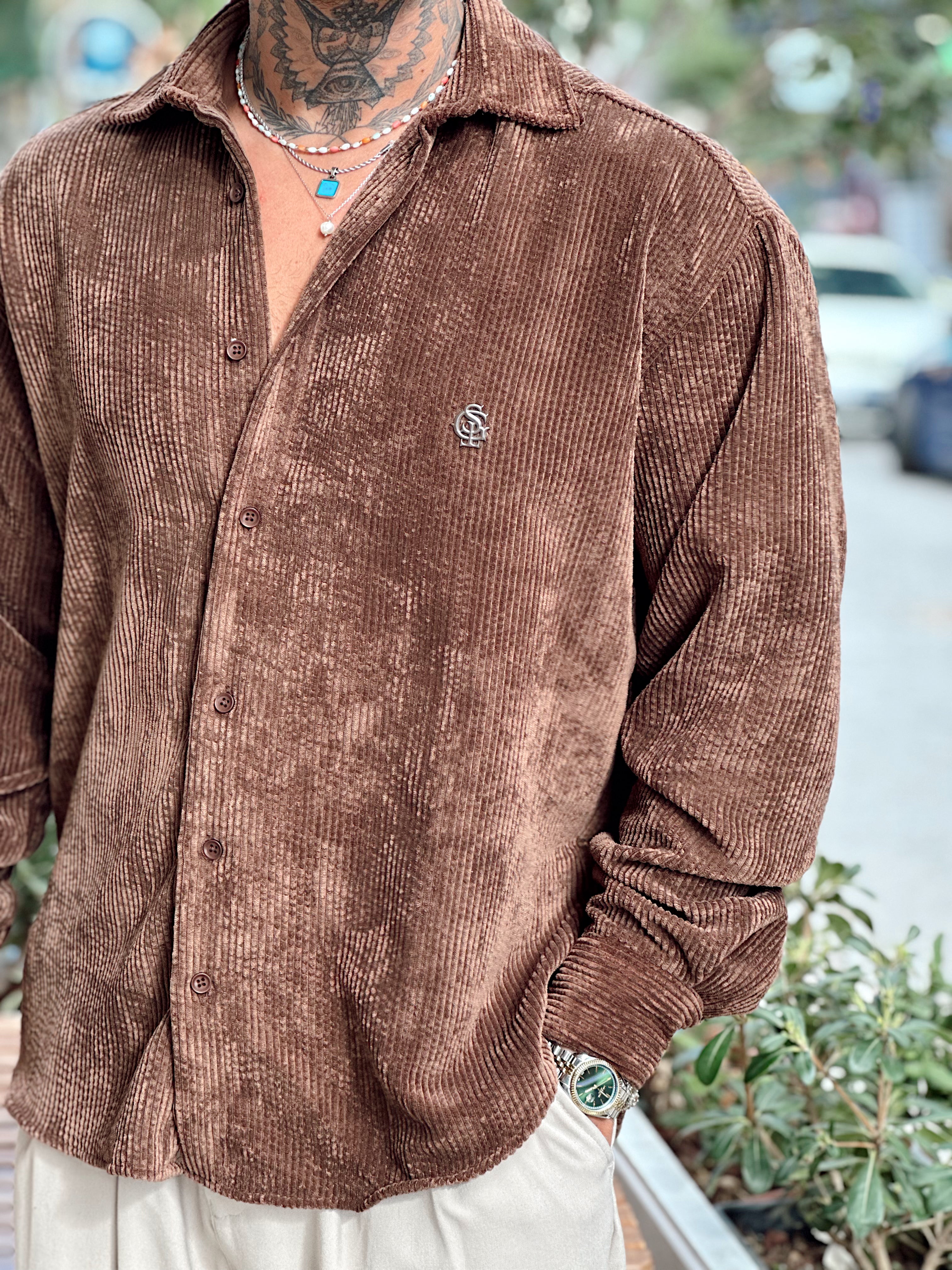 MG4003 - Oversize Basic Kadife Gömlek kahve