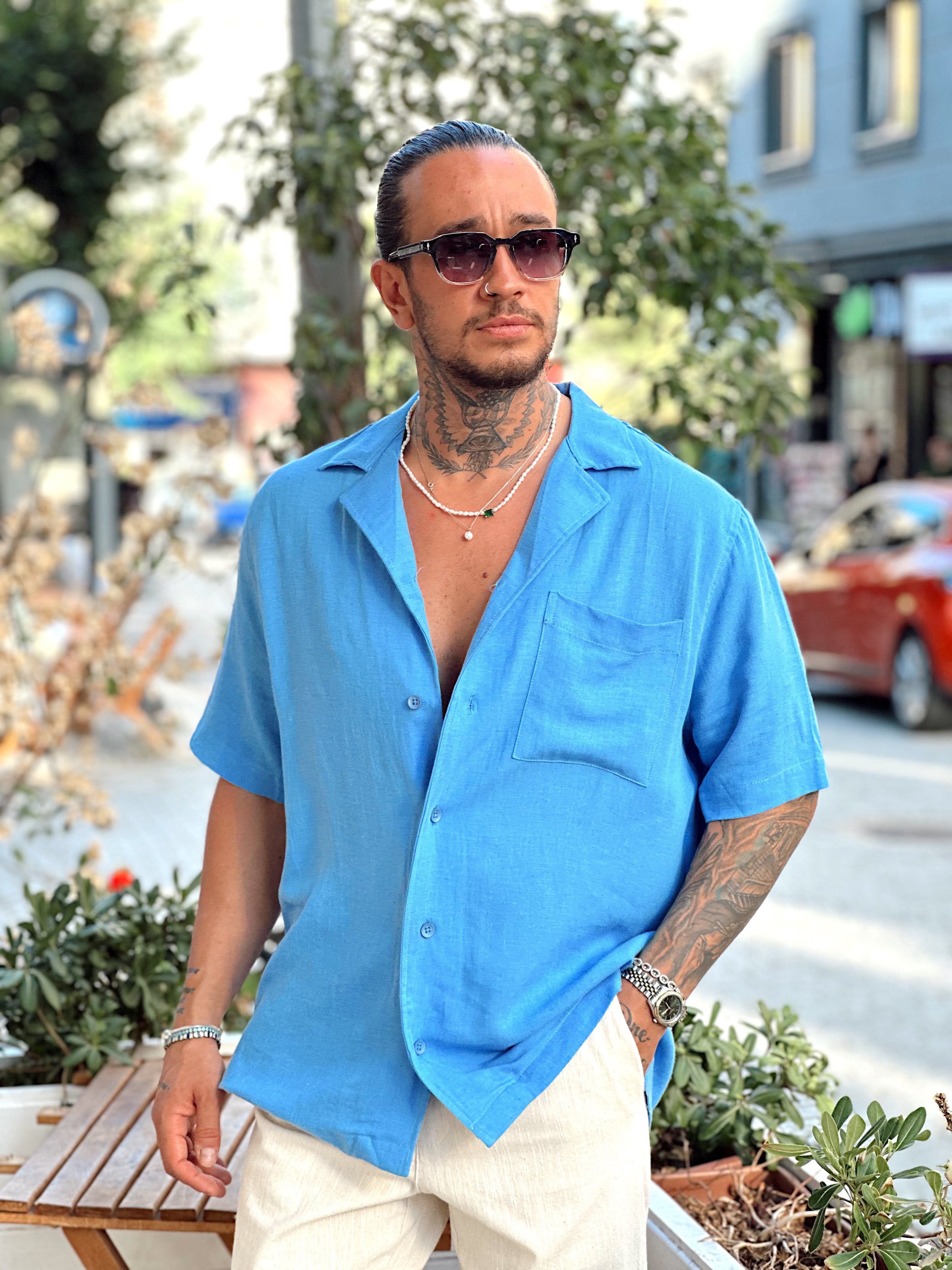 MG3079 -Tek Cepli Kısa Kollu Oversize Keten Gömlek sax