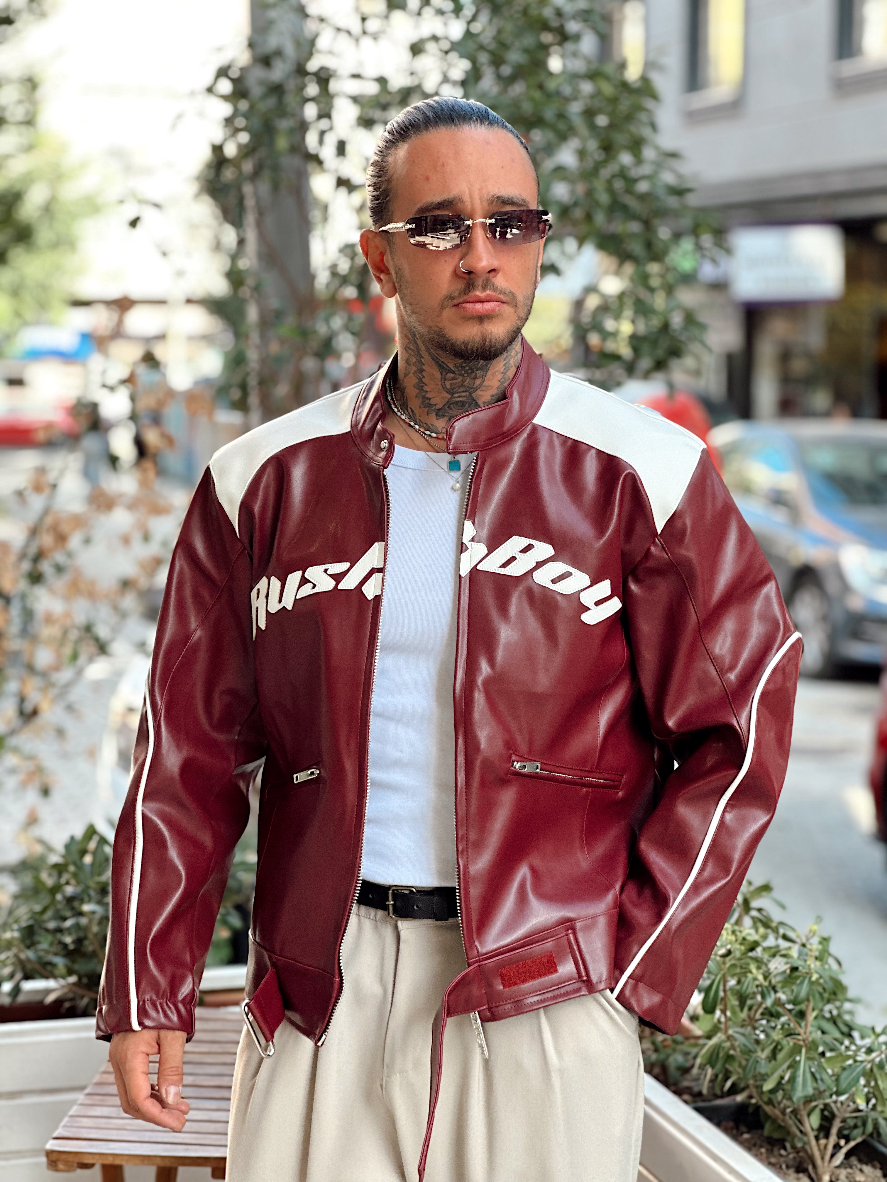 MC4055 - Önü Yazılı Kemer Detaylı Deri Ceket Bordo