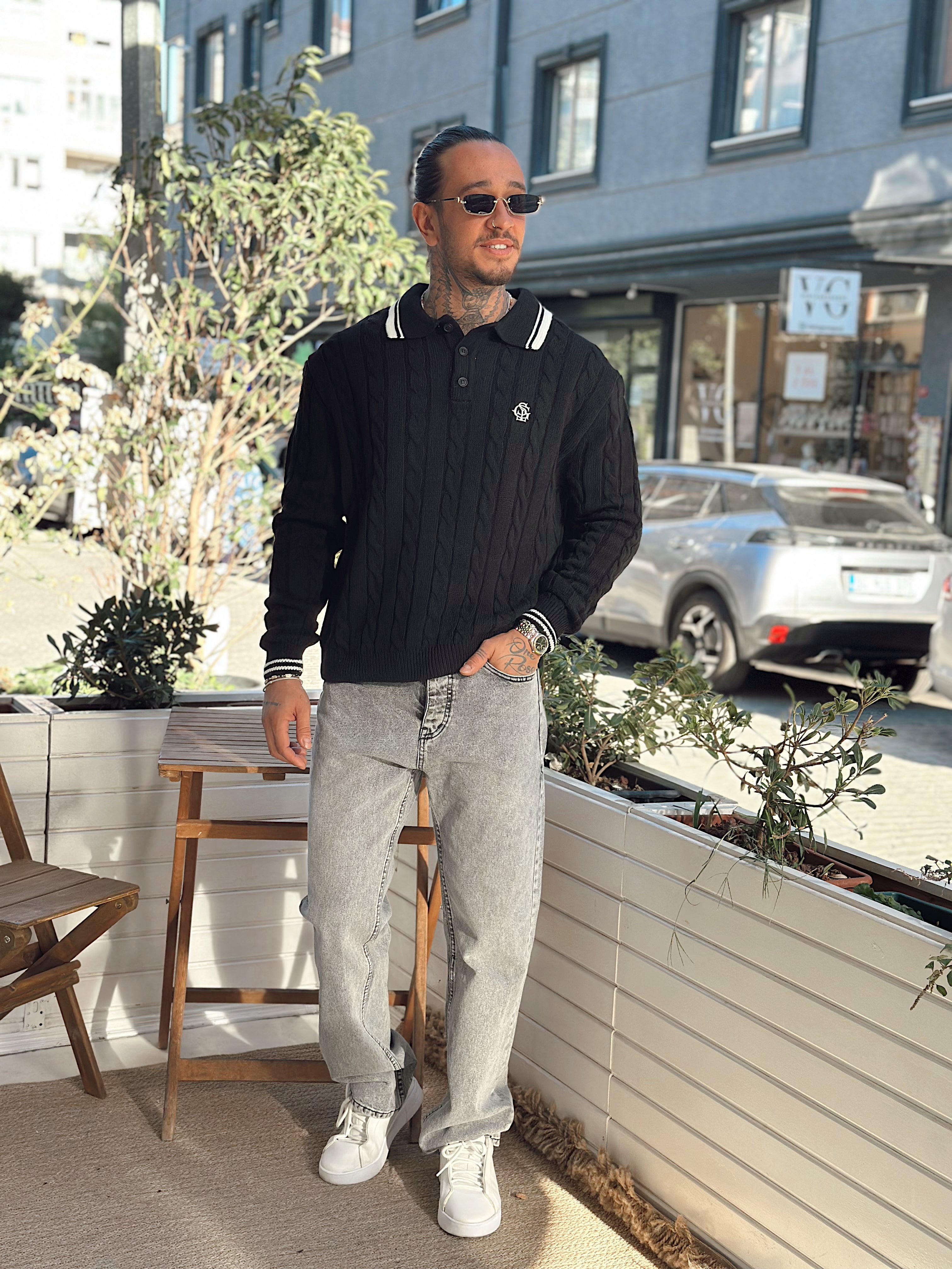 MS4028 - Saç Örgü Şerit Detaylı Örme Polo Yaka Sweatshirt siyah