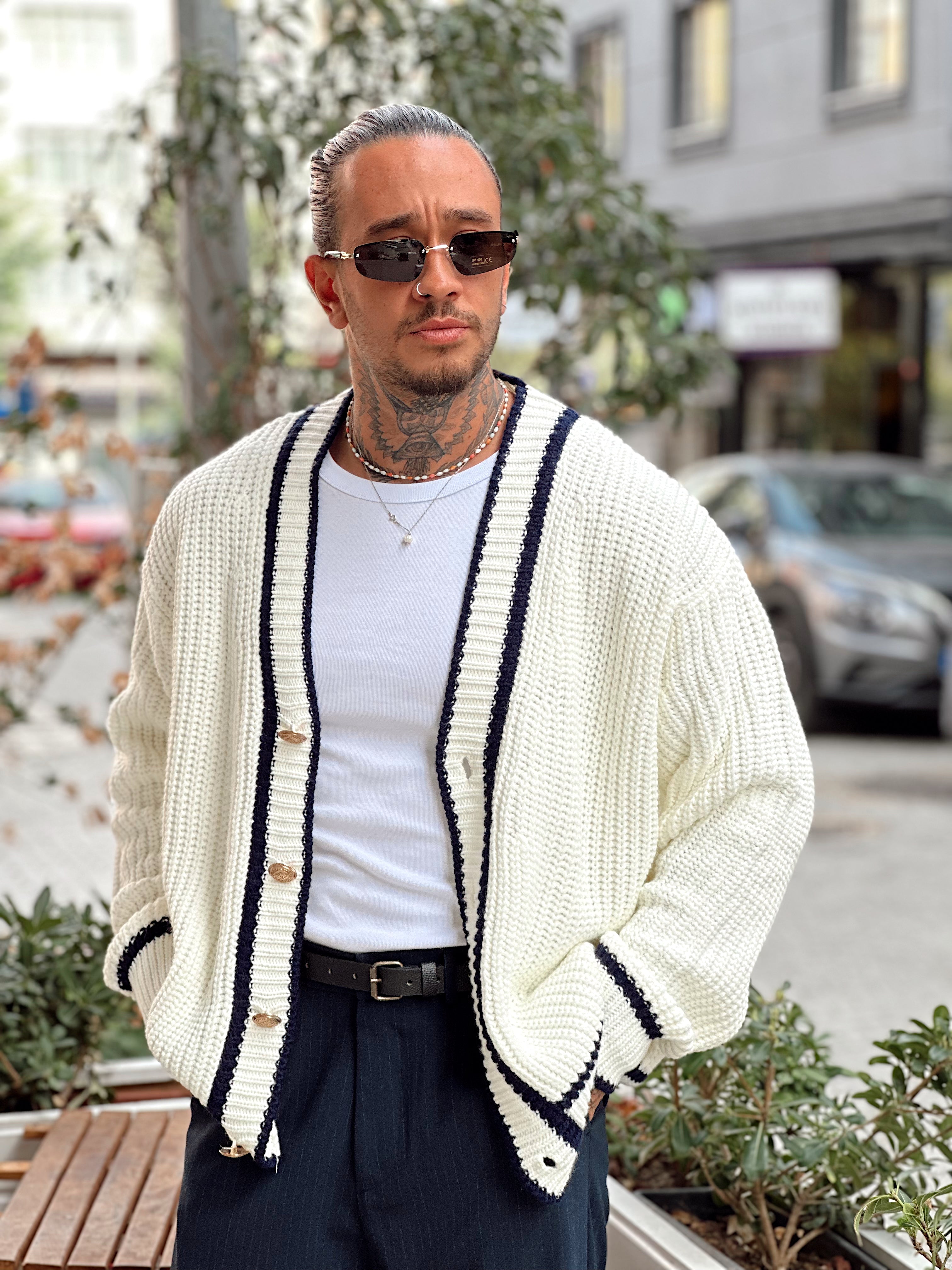 MS4004 - Old Money Çift Renk Örme Hırka krem