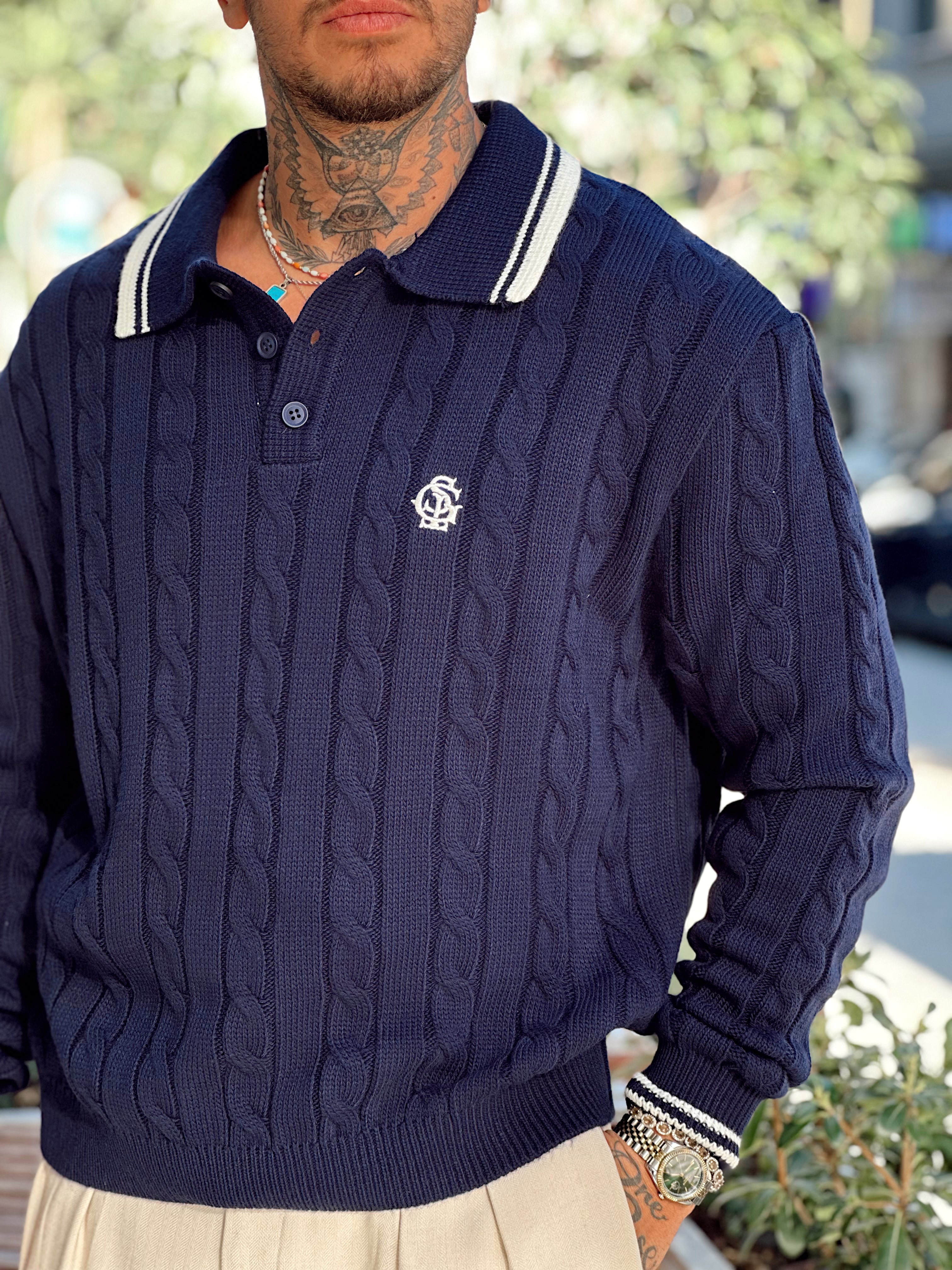 MS4028 - Saç Örgü Şerit Detaylı Örme Polo Yaka Sweatshirt Laci