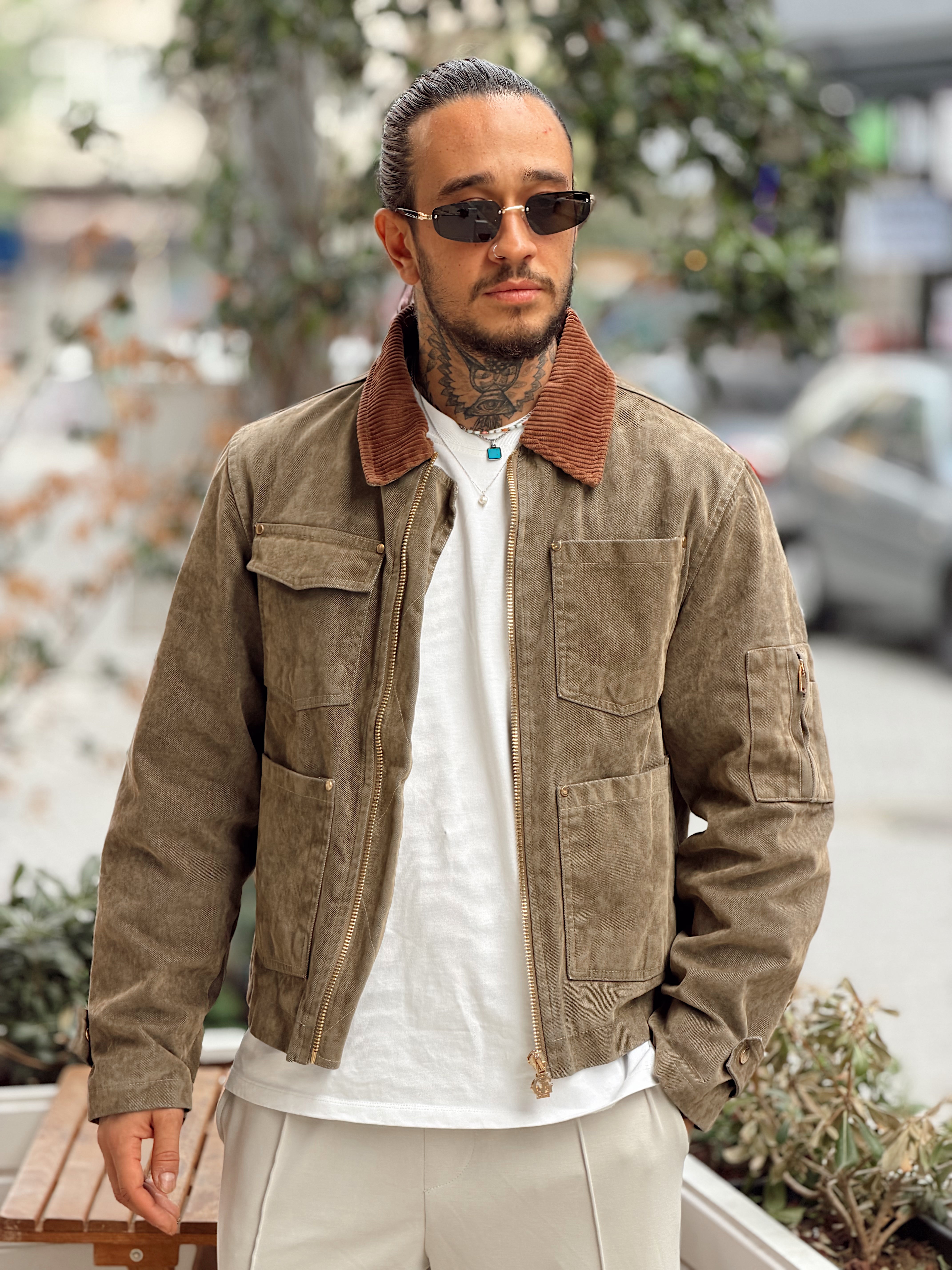 MC4107 - Giesto Çift Renk Cep Detaylı Kadife Ceket haki