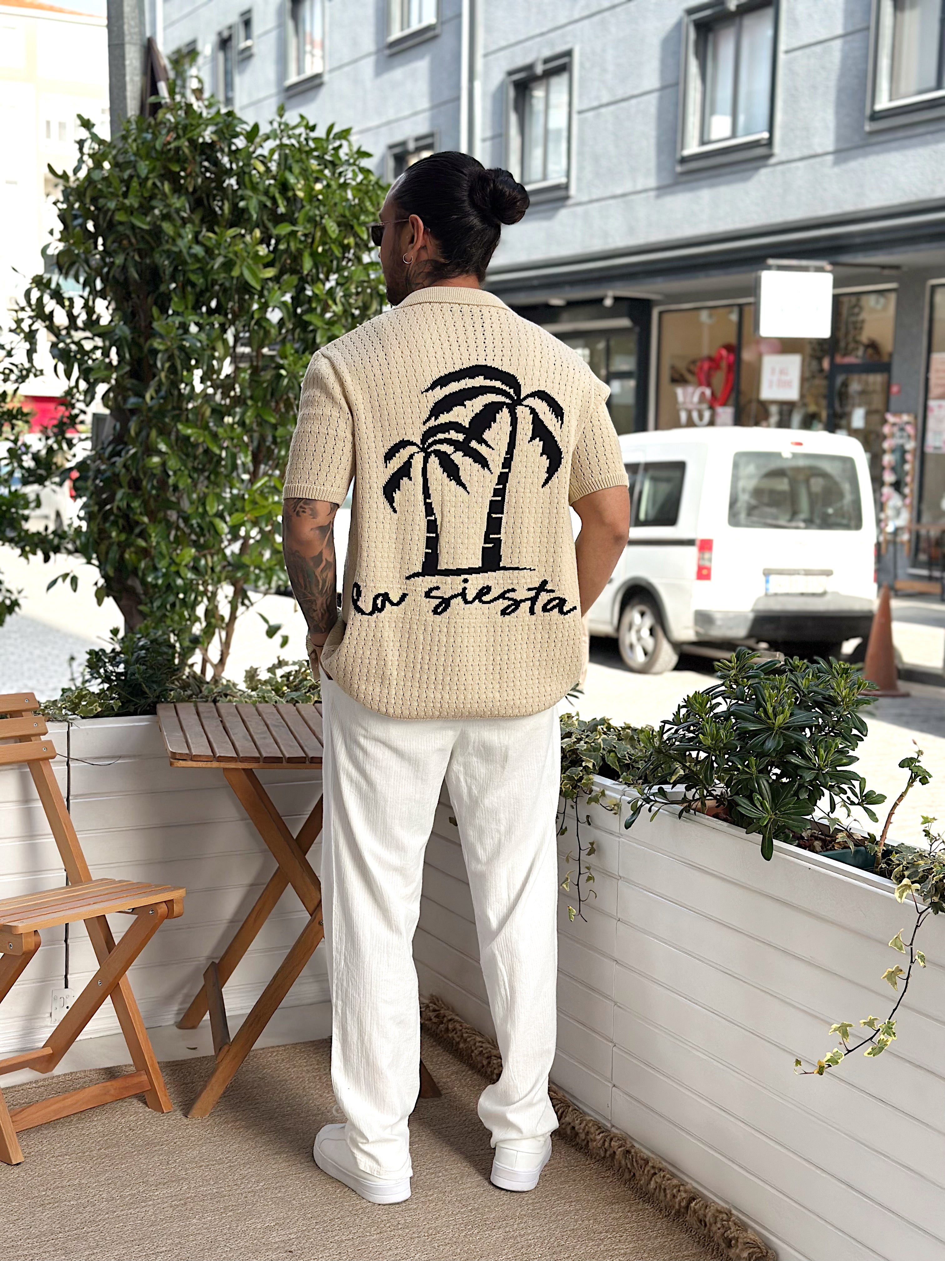 MG2788 - Sırt Palmiye Desenli Regular Gömlek krem