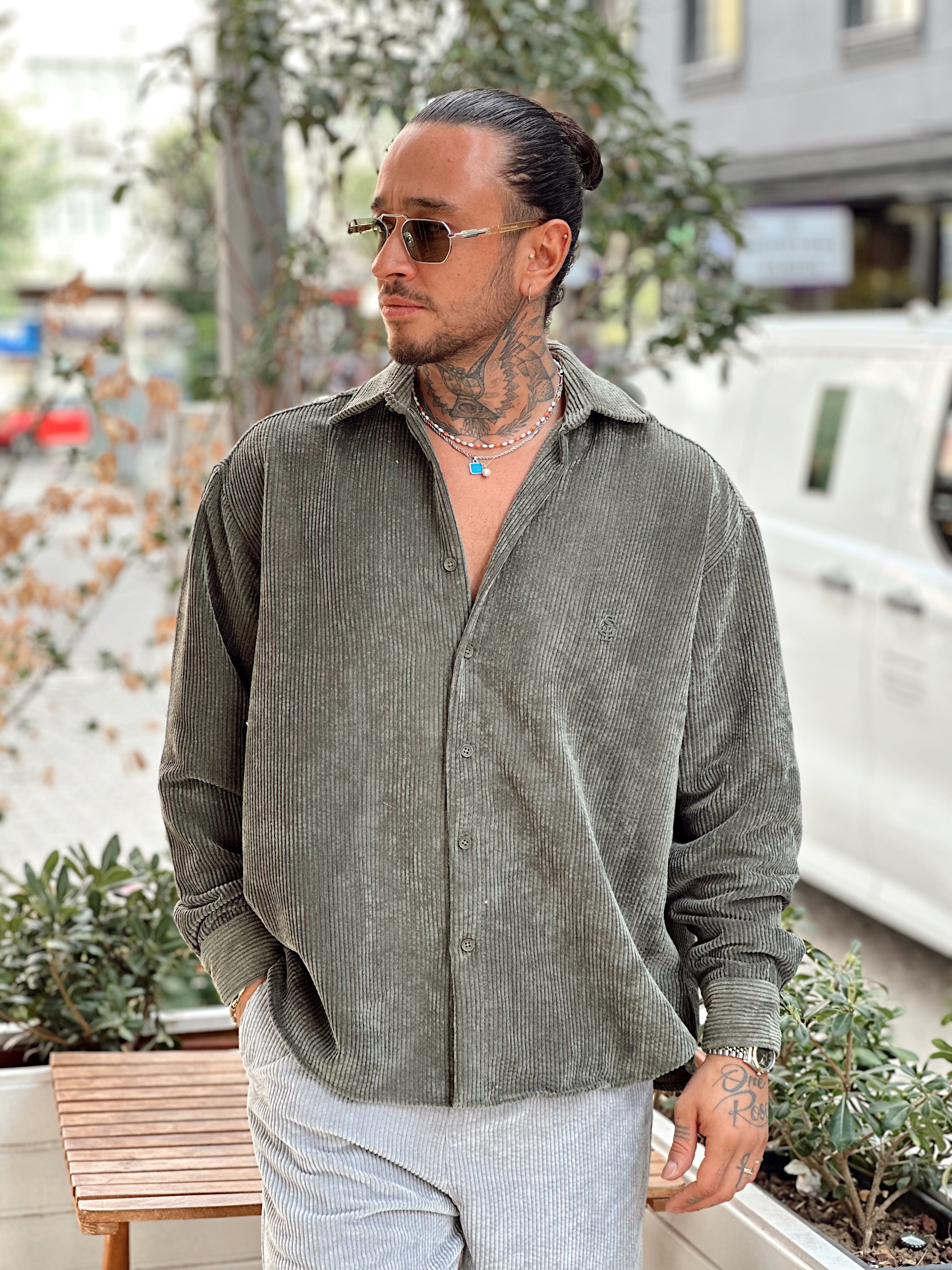 MG4003 - Oversize Basic Kadife Gömlek Haki