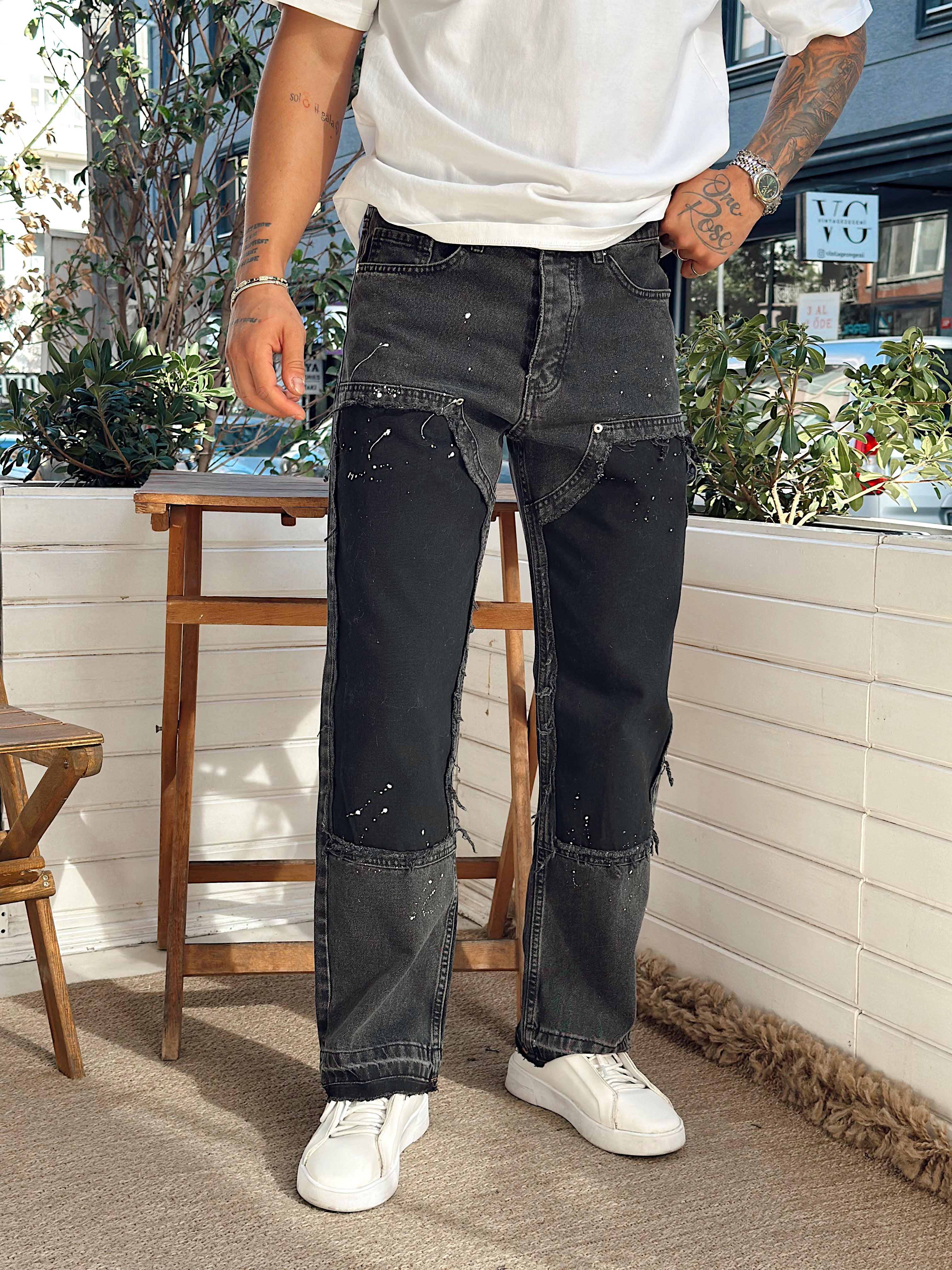 MP4012 - W11 Patchli Regular Kalıp Kot Pantolon siyah