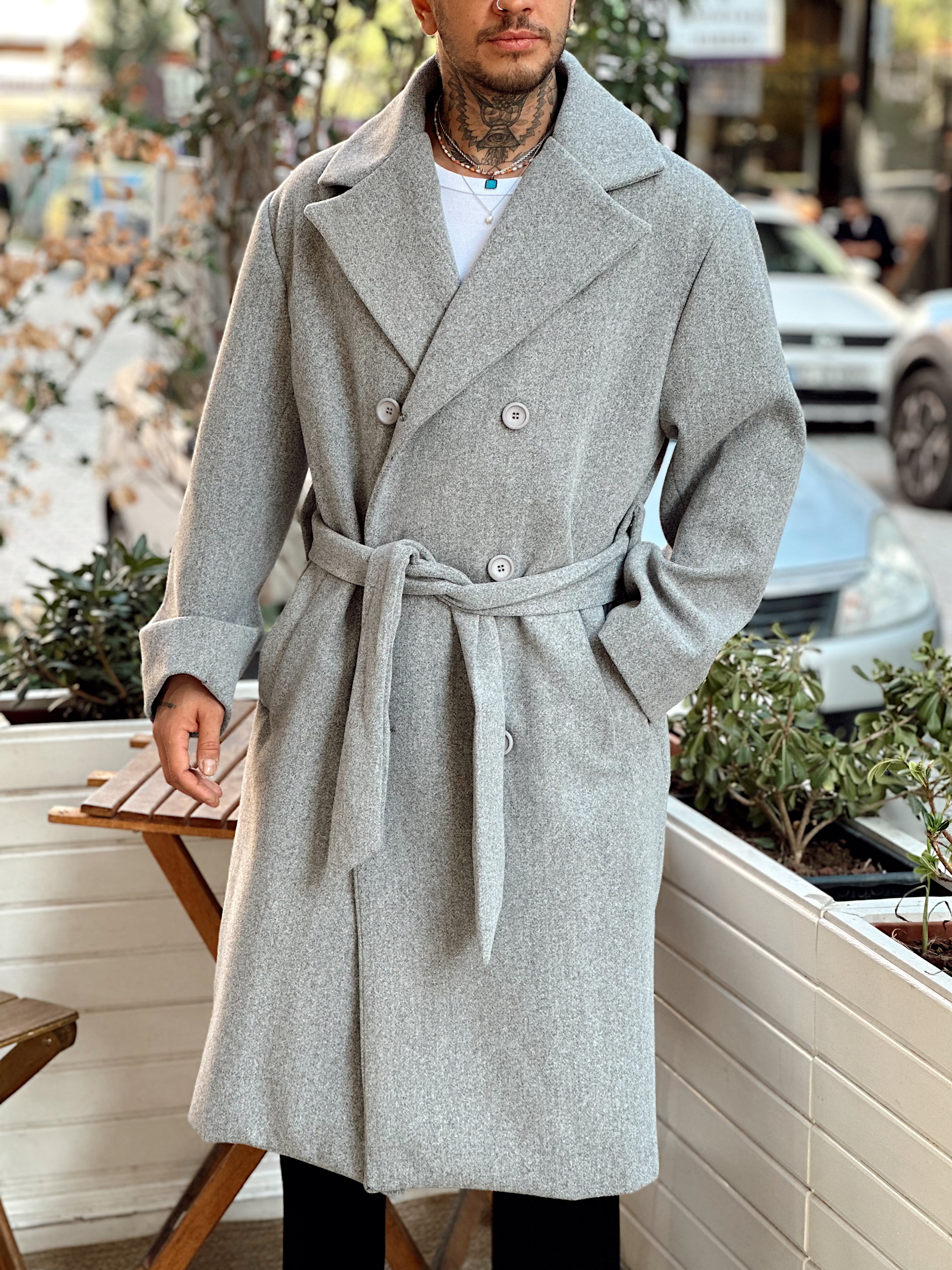 MM4044 - Giesto Oversize Kuşaklı Kaşe Kaban gri