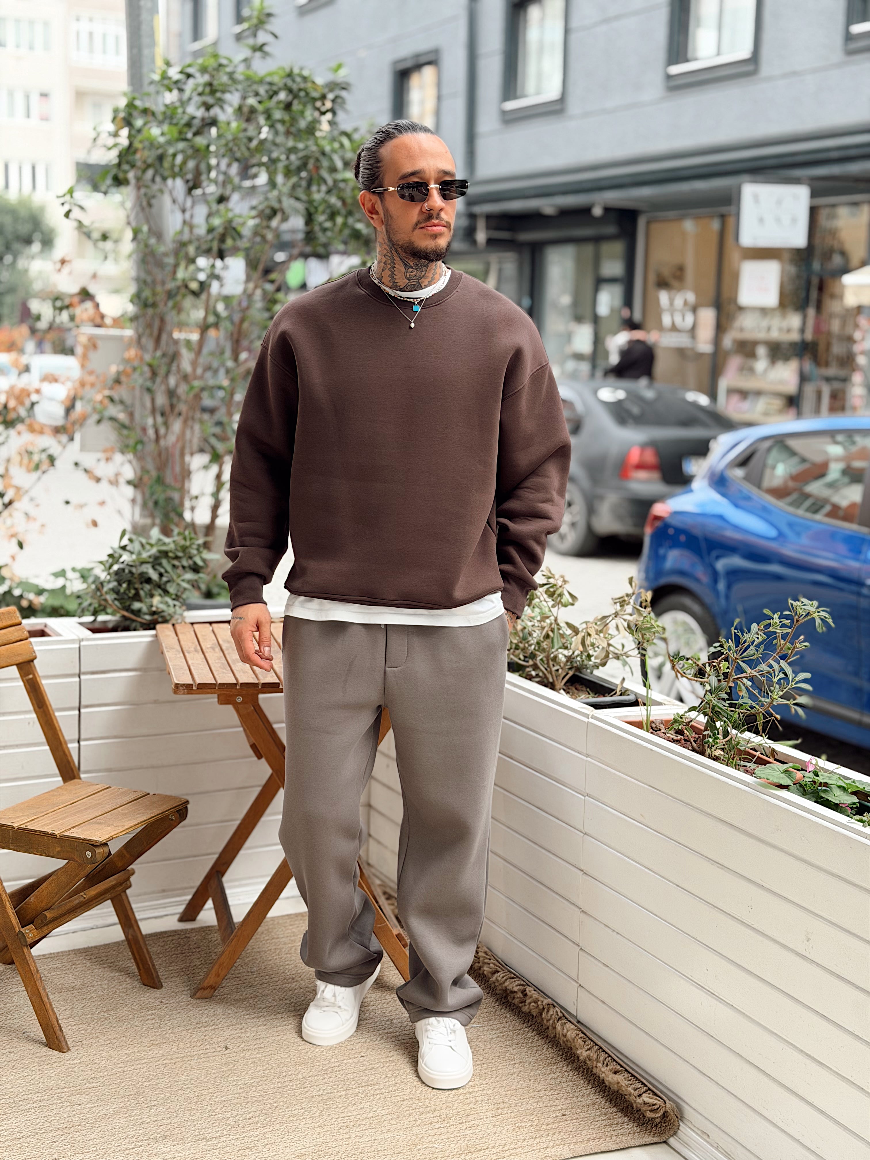 MS4109 - Oversize Basic Şardonlu Sweatshirt kahve