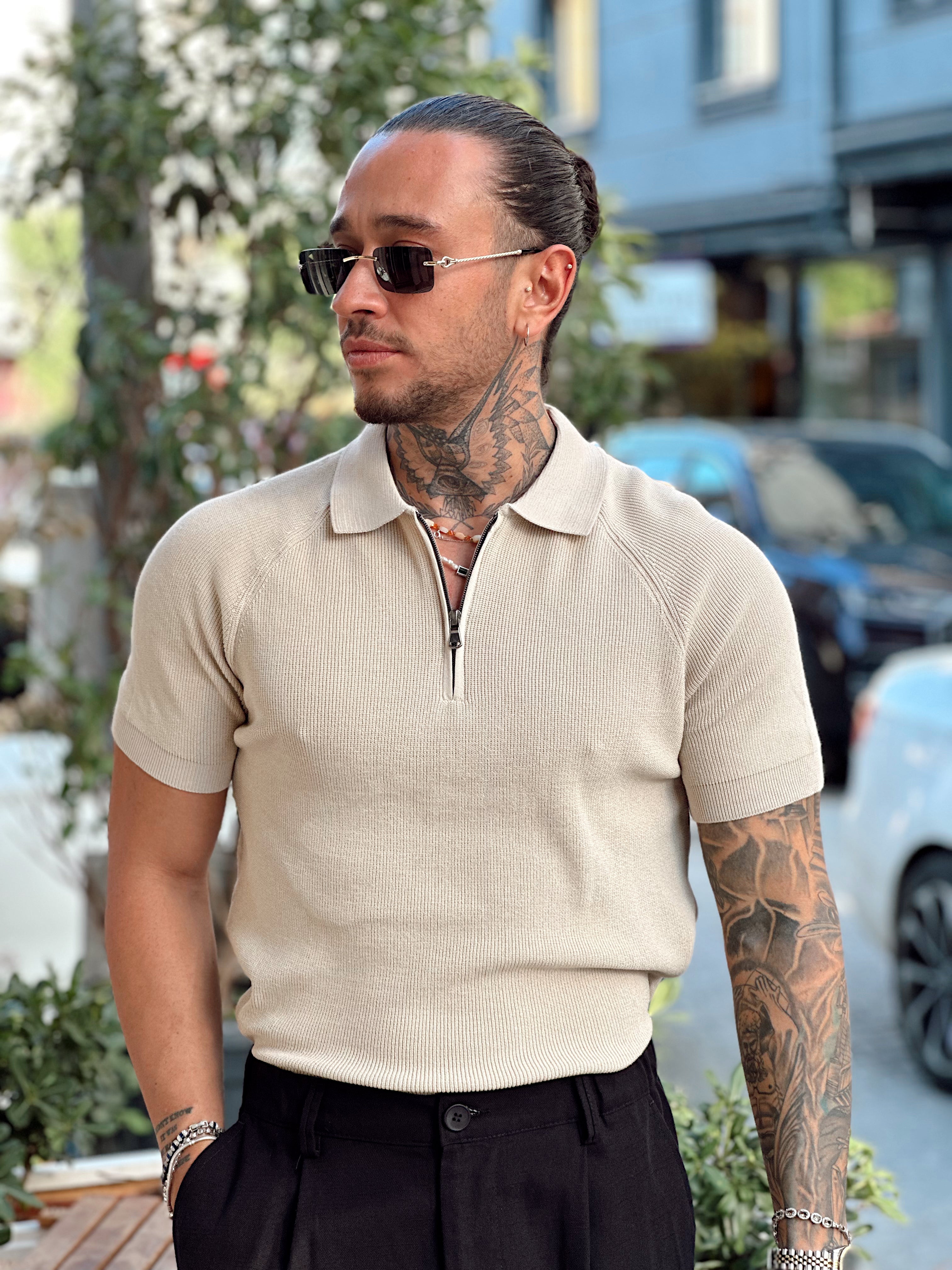MT3031 - Yakası Fermuarlı Basic Triko Polo Yaka krem