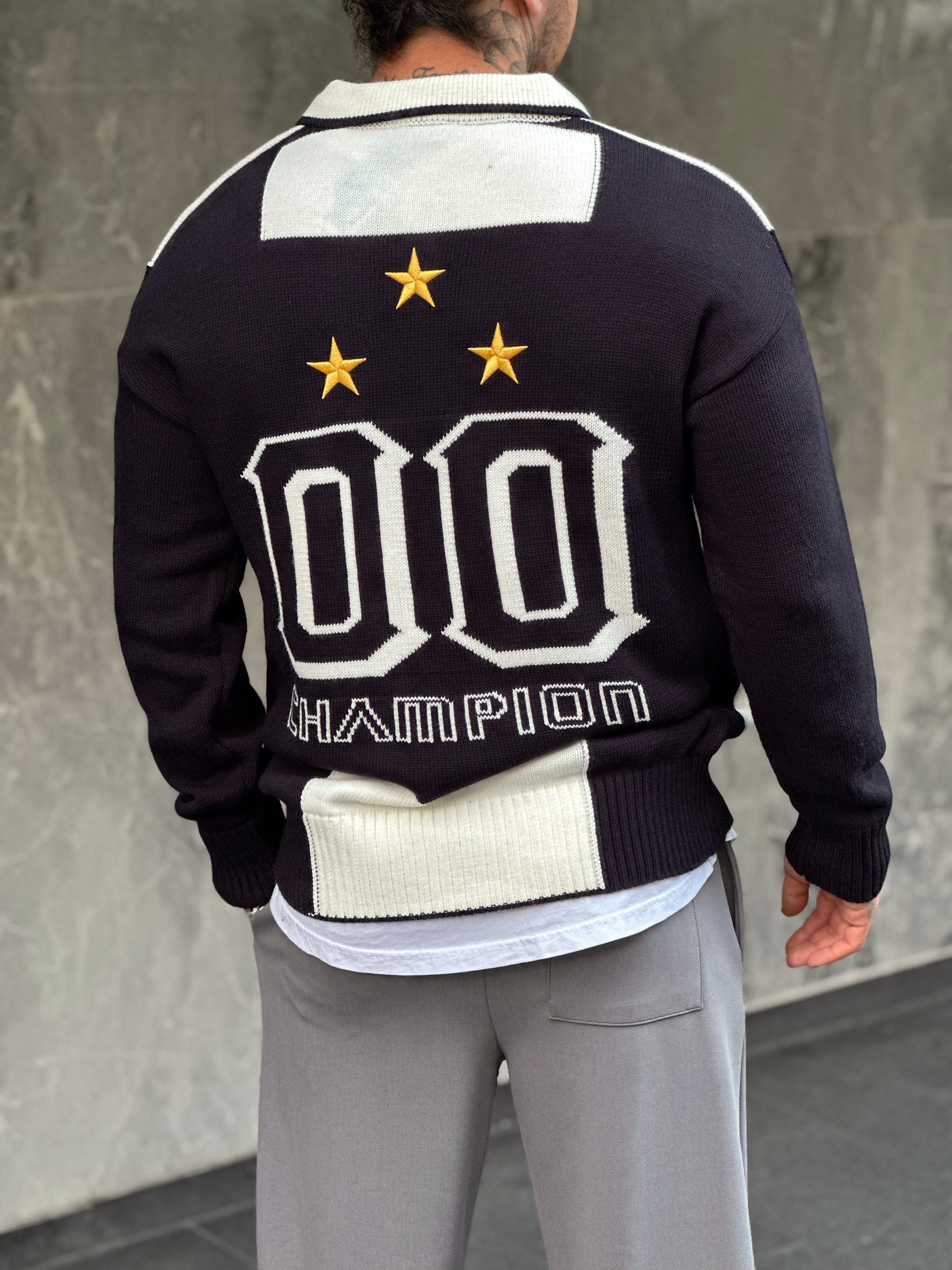 MS2414 -Ön Arka Baskılı Nakışlı Polo Yaka Sweatshirt