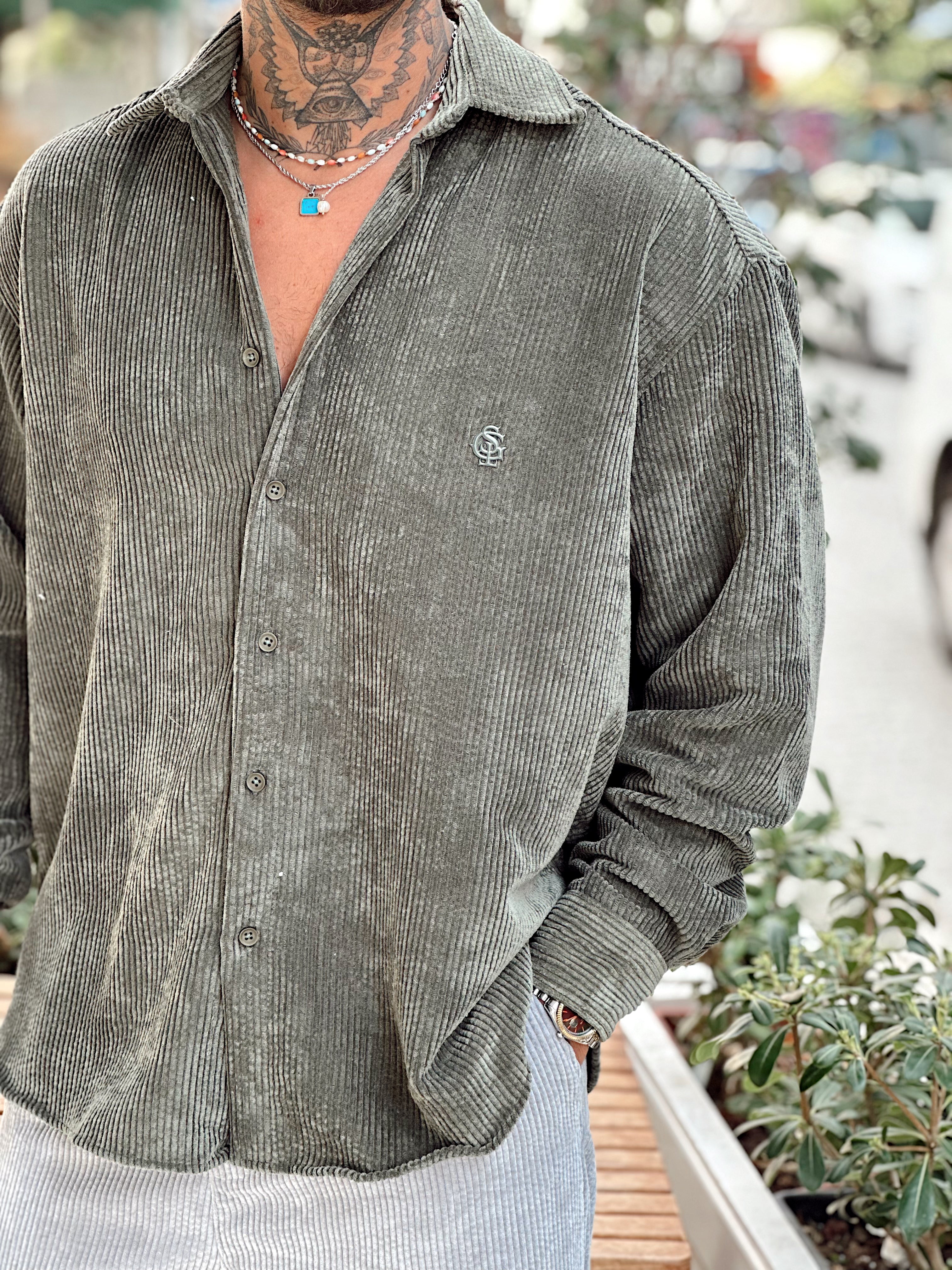 MG4003 - Oversize Basic Kadife Gömlek Haki