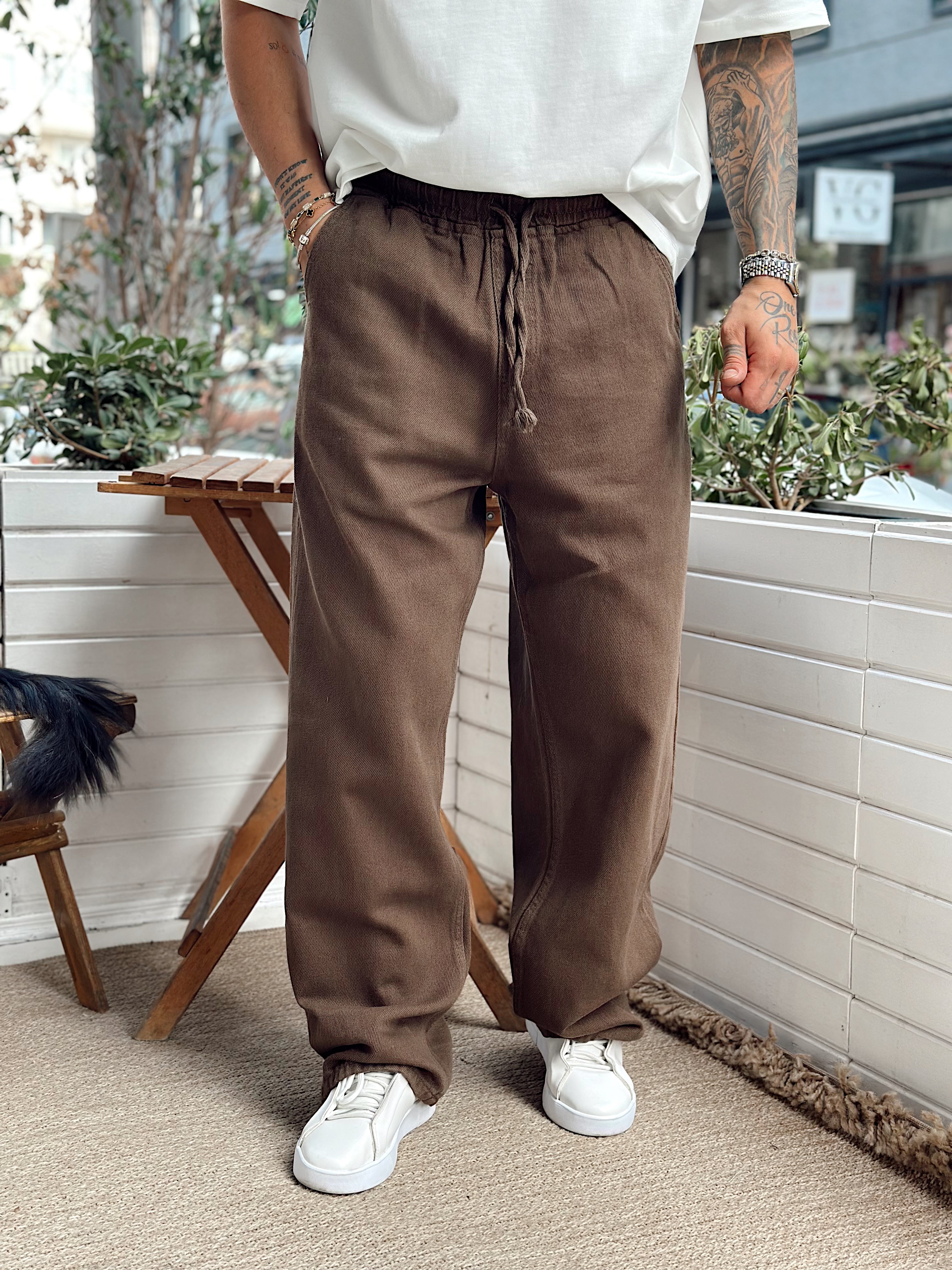 MP4081 - Beli İpli Baggy Gabardin Pantolon kahve