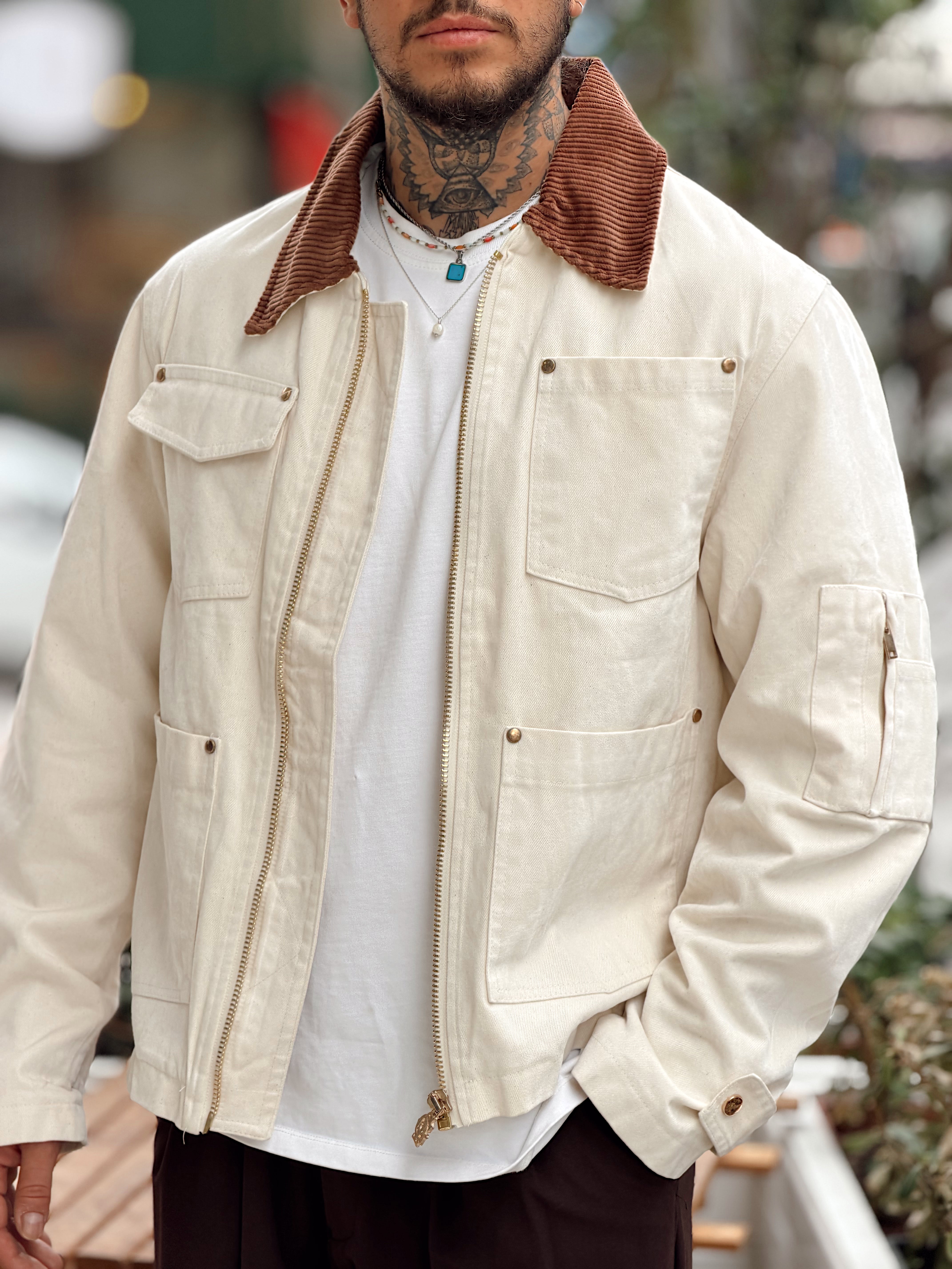 MC4107 - Giesto Çift Renk Cep Detaylı Kadife Ceket krem