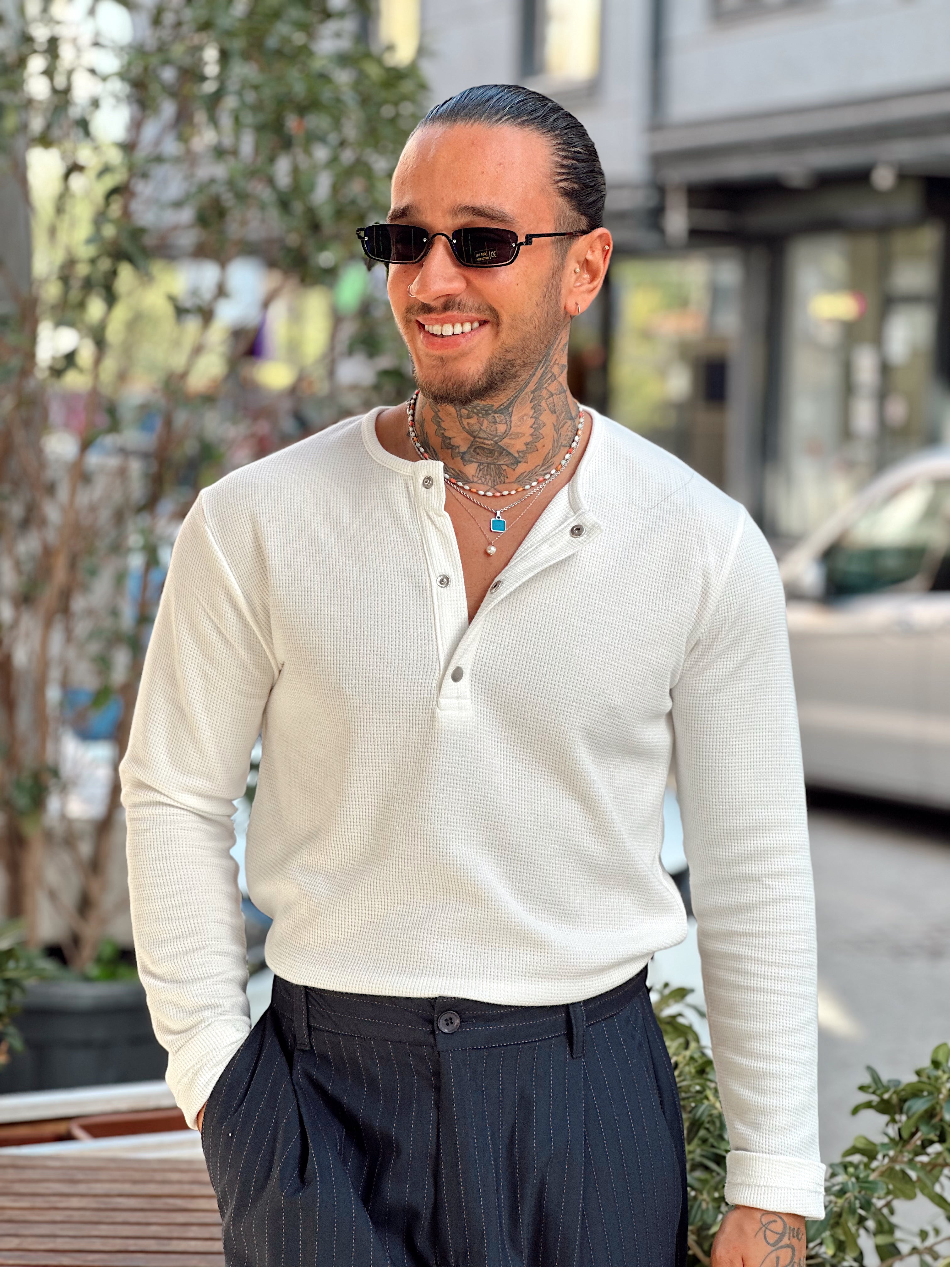 MS4043 - Basic Yaka ÇıtÇıtlı Waffle Kumaş Sweatshirt Beyaz