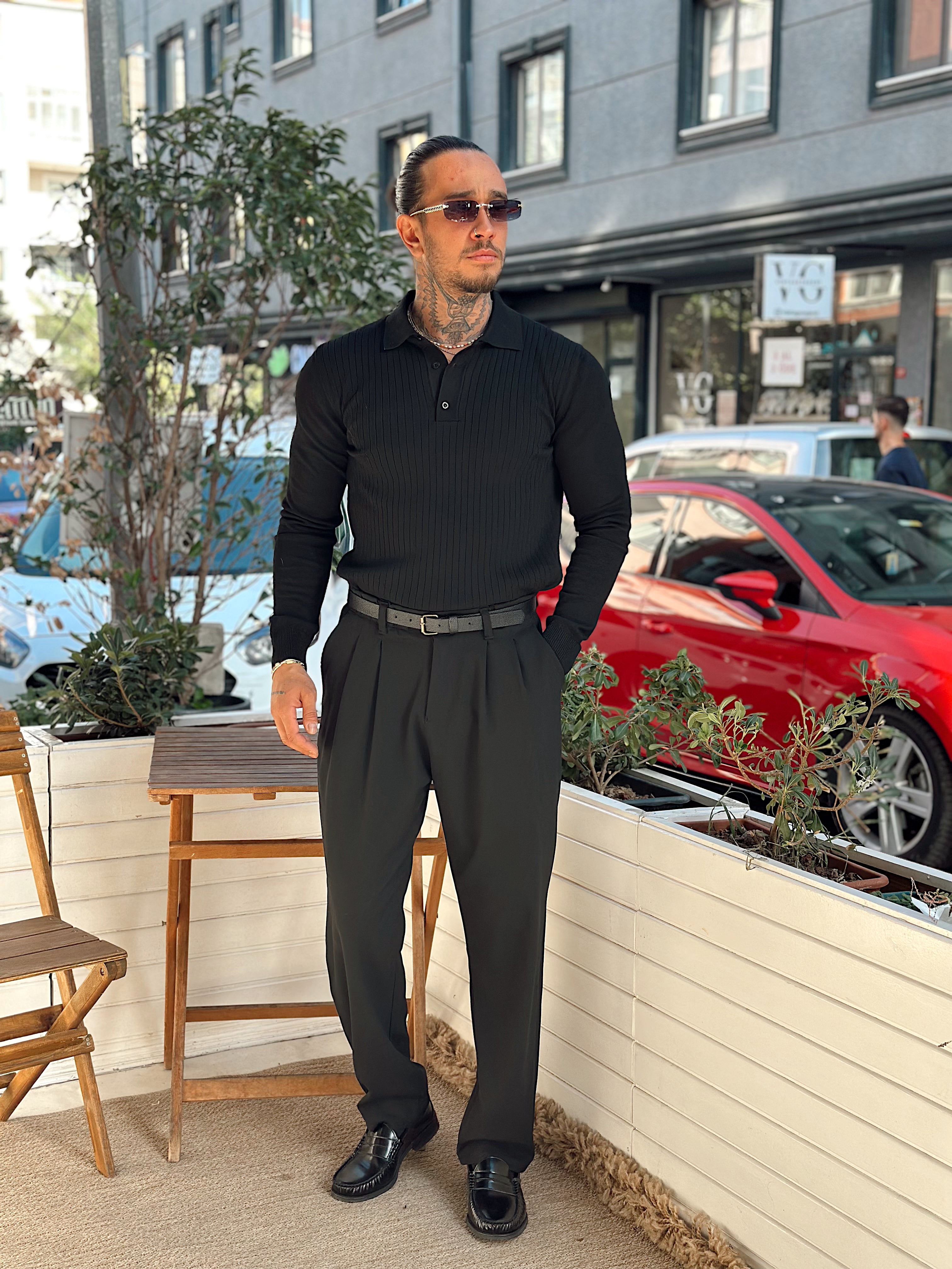 MS4053 - Fitilli Regular Kalıp Basic Polo Yaka Sweatshirt Siyah