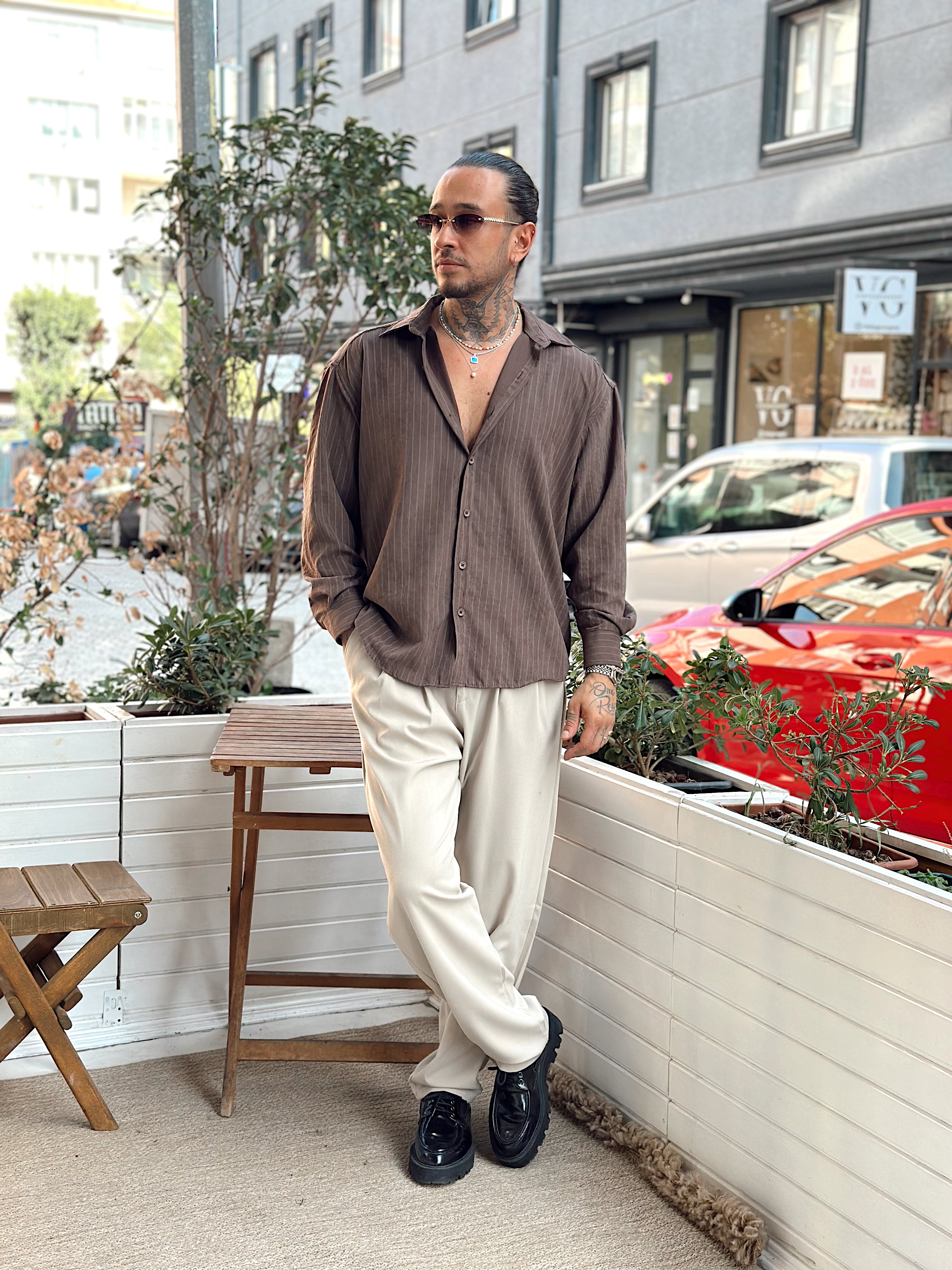 MG4009 - Oversize Çizgili Modal Gömlek Kahve