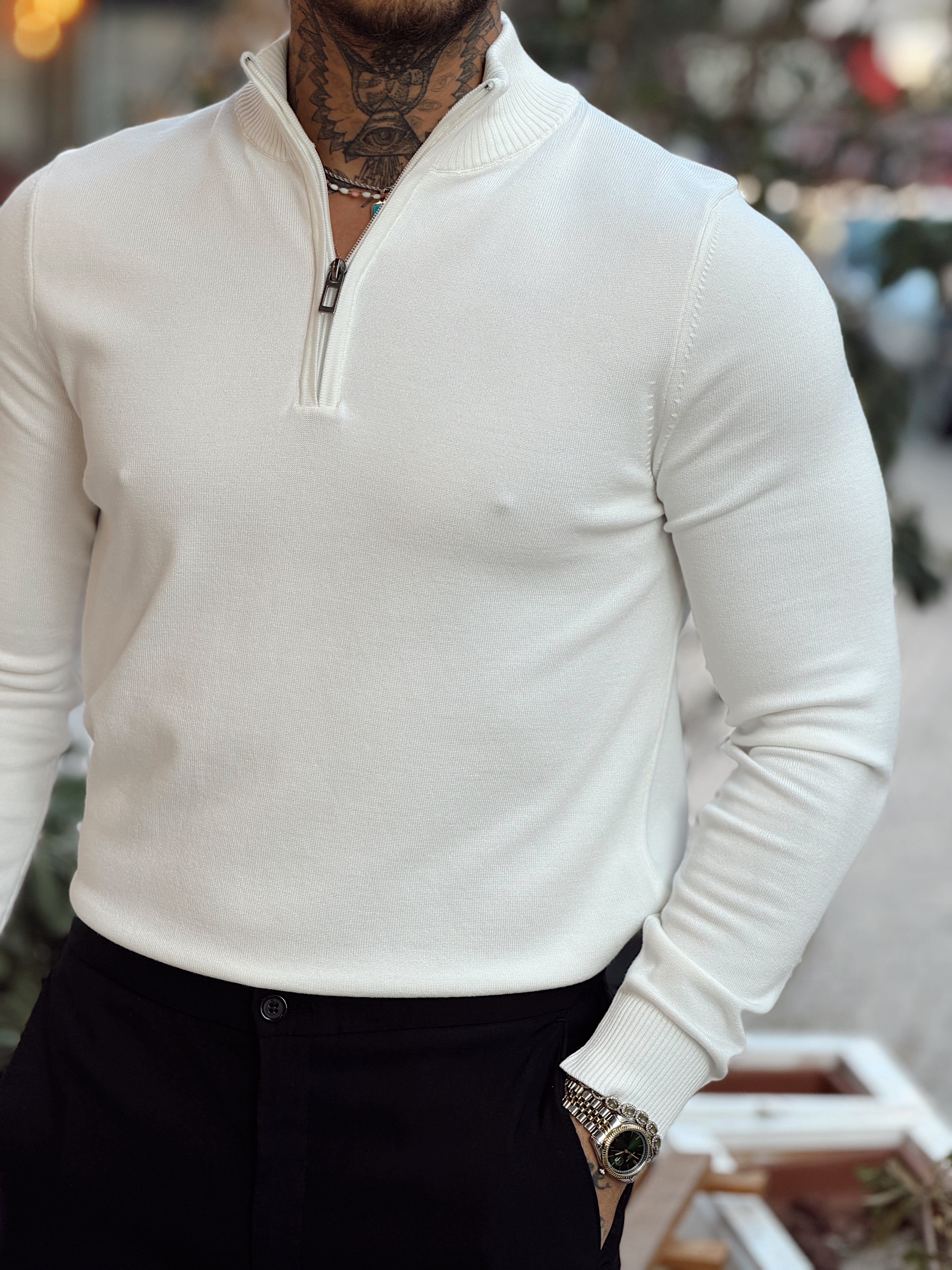 MS4132 - Balıkçı Yaka Fermuarlı Sweatshirt beyaz